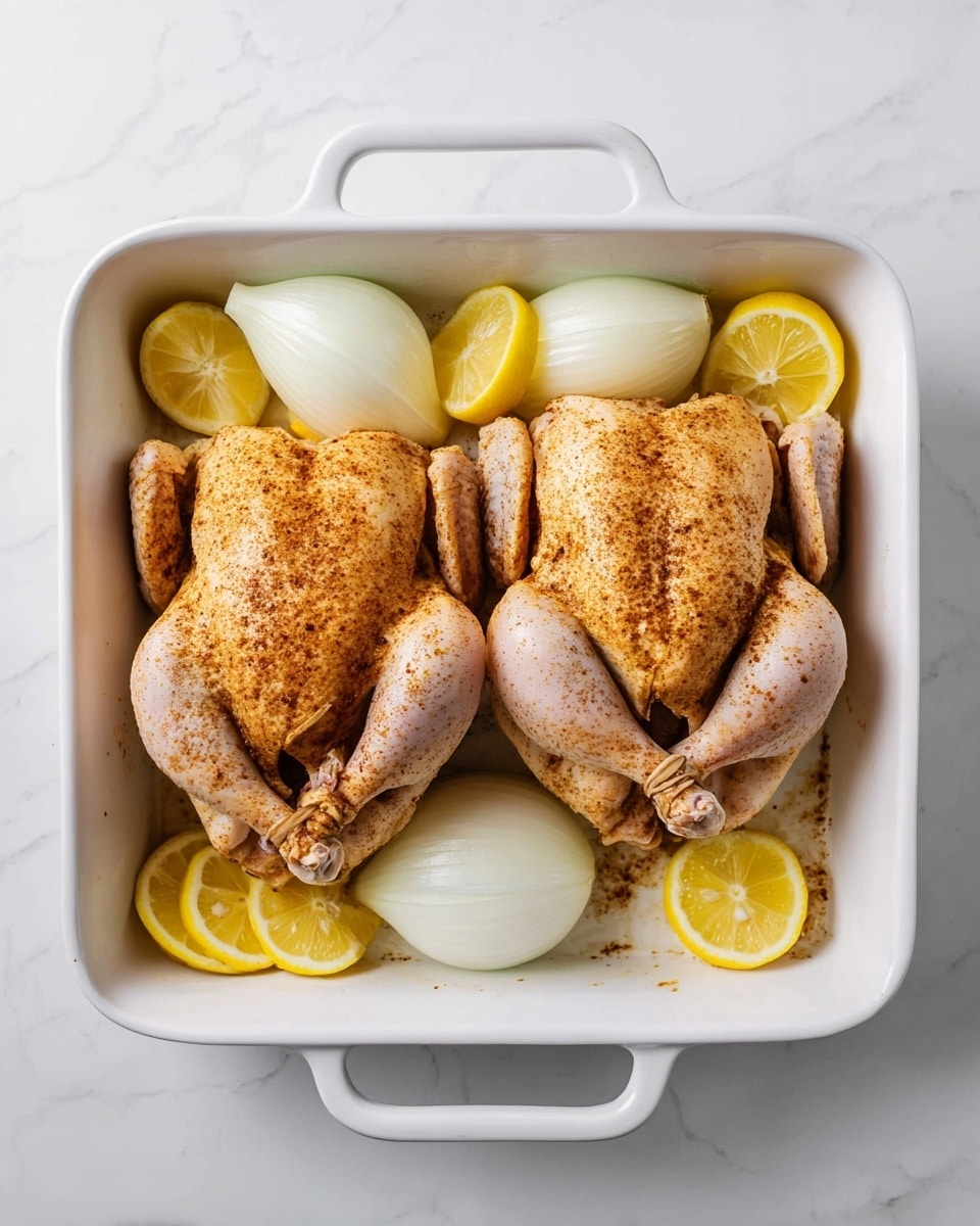 Two whole raw chickens are placed side by side in a white rectangular baking dish with handles on each side. Each chicken is seasoned with a light brown spice mix, covering the skin evenly. Around the chickens, there are four thick white onion halves positioned at the corners of the dish. Between the onion halves and chickens, there are several bright yellow lemon wedges placed closely, creating a contrast with the white dish and onions. The dish sits on a white marbled surface. photo taken with an iphone --ar 4:5 --v 7