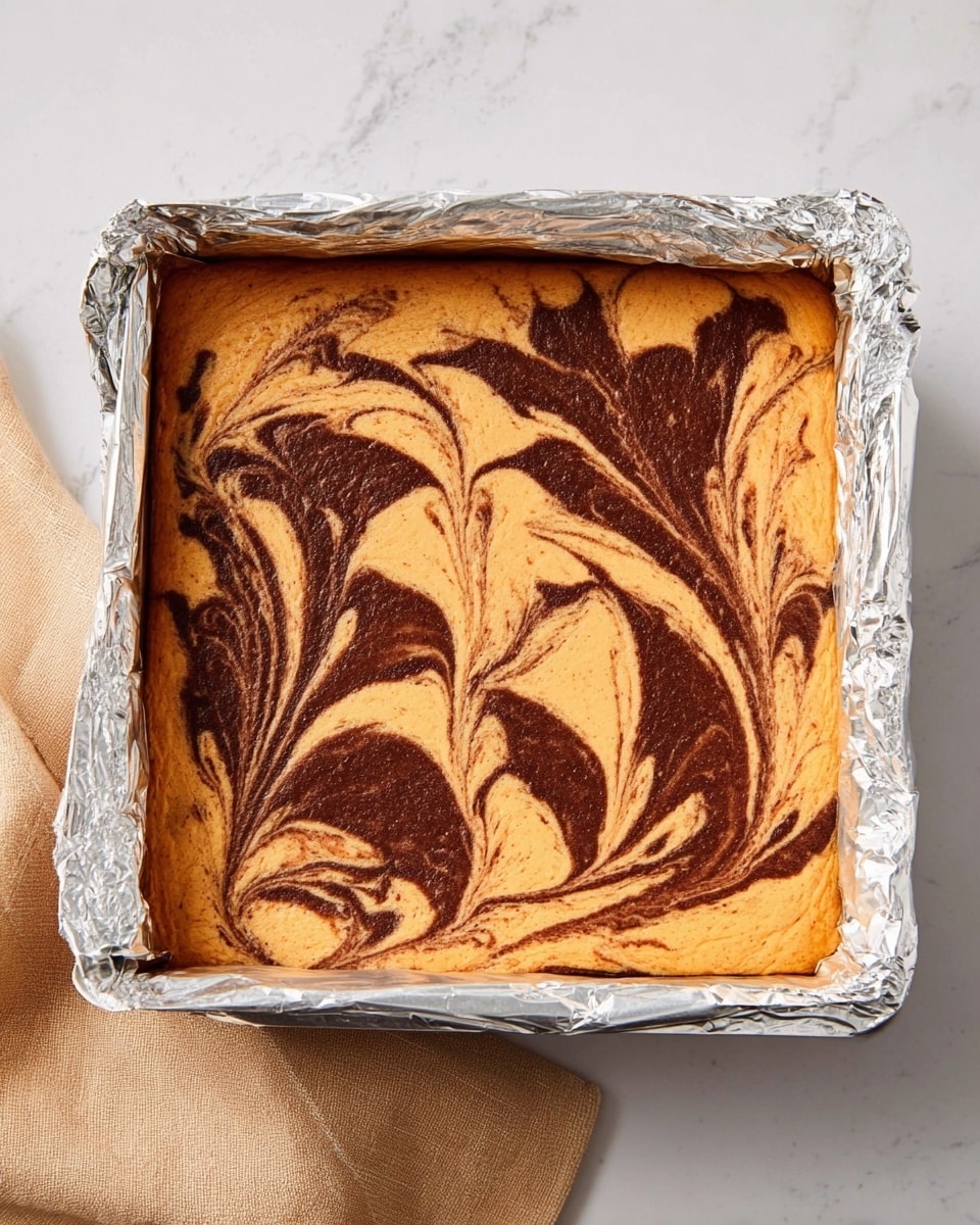 A square baking dish lined with crinkled foil contains a smooth batter with two layers swirled together: the larger base is light orange in color with a thick, even texture, and dark brown swirls are artistically mixed through the top layer, creating a flowing, feather-like marble pattern. The dish is set on a white marbled surface with a beige cloth nearby. photo taken with an iphone --ar 4:5 --v 7