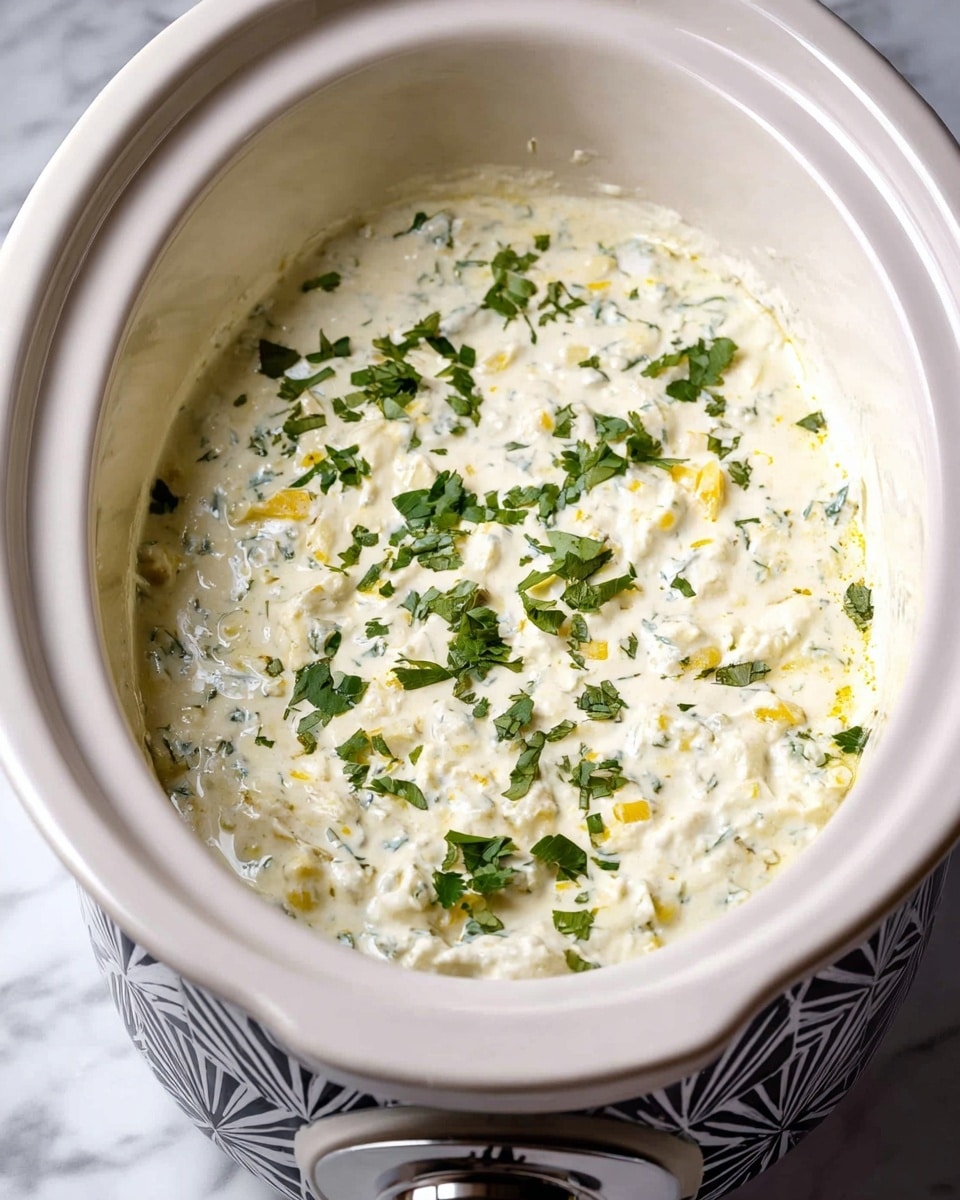 A white round slow cooker shows four main layers inside. At the bottom, there is a layer of dark green chopped leafy spinach covering the base. On the left side, there is a layer of light yellow chopped artichoke hearts, rough textured. Above the spinach and artichokes, there is a large pile of white shredded cheese in the center. On top of the cheese, some minced garlic mixed with black pepper is placed, adding small specks of black on the white cheese. The slow cooker sits on a white marbled surface. photo taken with an iphone --ar 4:5 --v 7