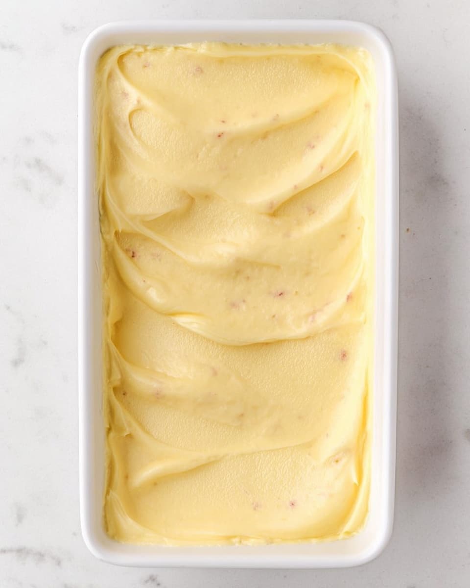 The image shows a white rectangular dish filled with a smooth, creamy yellow layer spread evenly on top. The texture is soft with gentle folds and subtle ridges across the surface, indicating it was spread recently. There are slight hints of small specks or pieces beneath the yellow layer, adding a bit of texture. The dish is placed on a white marbled surface, giving a clean and bright background. photo taken with an iphone --ar 4:5 --v 7