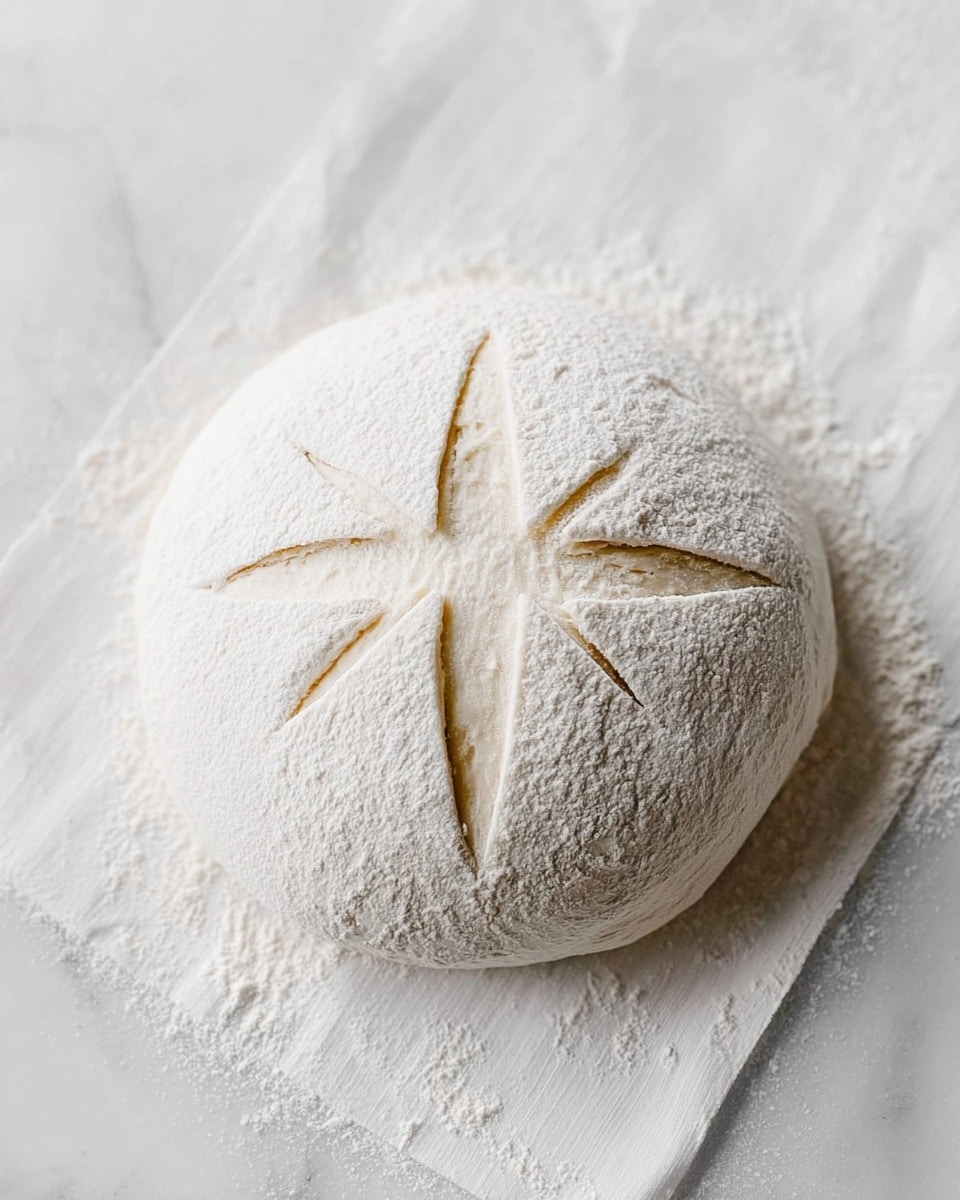 A round ball of dough covered with white flour sits on a white marbled surface with a white cloth underneath. The dough has a soft, smooth texture and is scored with five cuts: a long vertical one in the center, a long horizontal one crossing the vertical, and three smaller angled cuts on the top half, giving the dough a detailed pattern. There is a light dusting of flour around the dough, adding a powdery texture to the scene. photo taken with an iphone --ar 4:5 --v 7