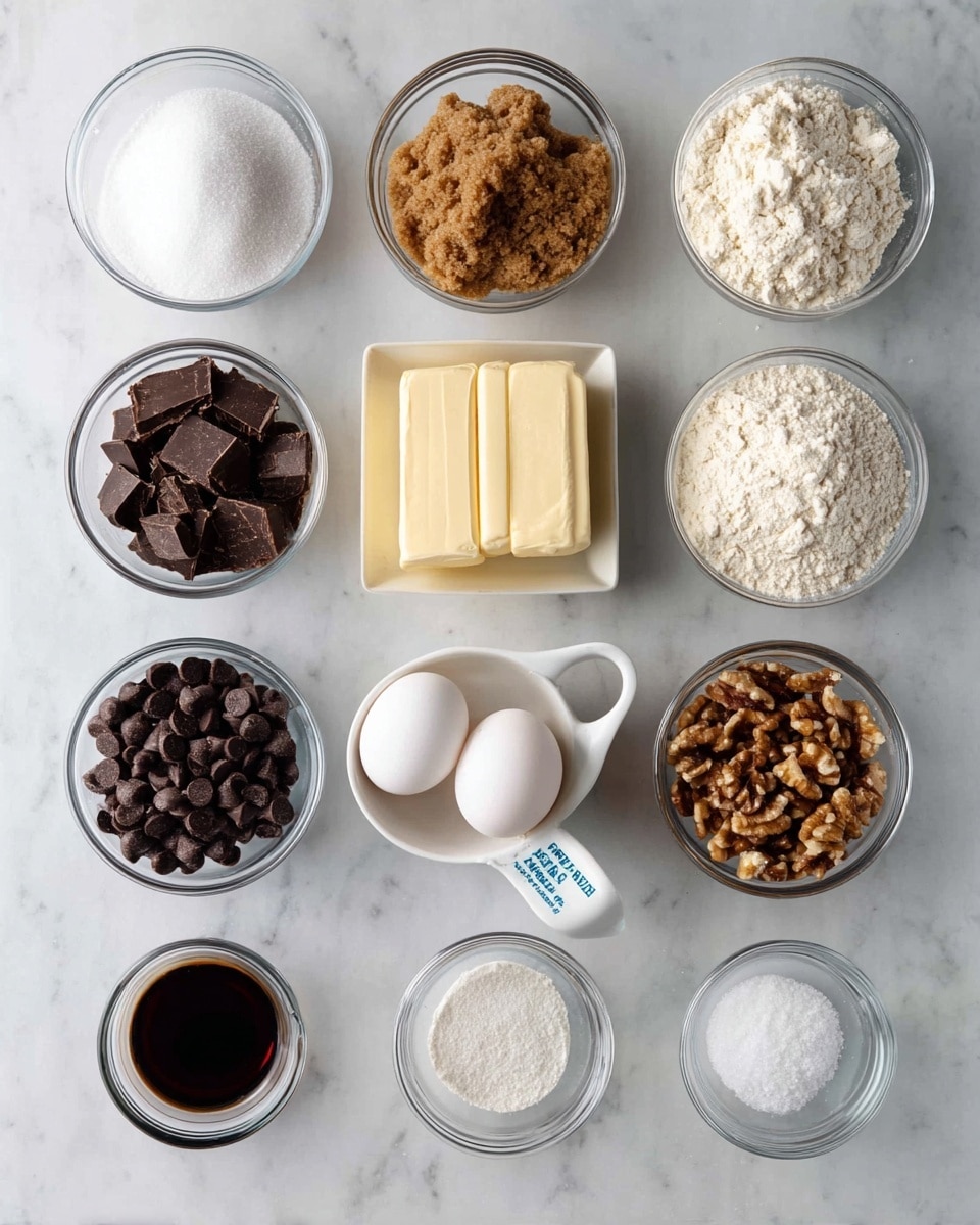The image shows eleven small glass bowls and white measuring cups arranged neatly on a white marbled surface. Starting from the top left, there is a glass bowl filled with white granulated sugar, followed by a bowl with clumps of brown sugar, and then a bowl containing white flour at the top right. Below the white sugar, there is a white measuring cup filled with dark chocolate chunks. Next to it, a small glass bowl contains a dark vanilla liquid. In the center are two sticks of pale yellow butter stacked one on top of the other. To the right, two white eggs rest side by side in a clear glass bowl. At the bottom row, starting from the left, a glass bowl holds dark chocolate chips, followed by two smaller glass bowls with white baking soda and salt powders. Finally, on the bottom right, a glass bowl is filled with brown walnut pieces photo taken with an iphone --ar 4:5 --v 7