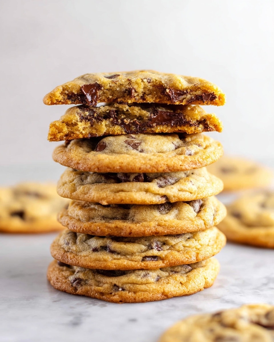 A stack of seven golden-brown chocolate chip cookies sits on a white marbled surface, with one cookie broken in half and placed on top. The broken cookie reveals soft, light amber dough with melted dark chocolate pieces inside. The cookies have a slightly crispy edge with a smooth, chewy texture in the middle dotted with dark chocolate chips throughout. The stack is centered with a small portion of whole cookies blurred and scattered in the background. Photo taken with an iphone --ar 4:5 --v 7