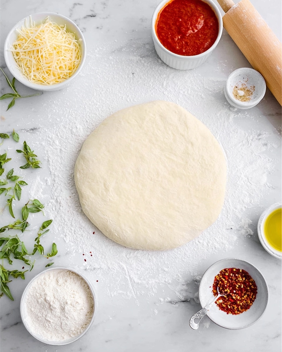 In the image, a round, smooth pizza dough lies flat on a white floured surface at the center. Around the dough, there are small white bowls filled with different ingredients for pizza: bright red tomato sauce, shredded pale yellow cheese with a solid piece on top, golden-yellow olive oil, and white flour. A small white bowl holds red pepper flakes with a silver spoon resting inside. A rolling pin with a wooden handle is near the top of the image, and there are fresh green herb leaves scattered on the white marbled background. The scene is bright and clean, showing a simple and fresh pizza-making setup. Photo taken with an iphone --ar 4:5 --v 7