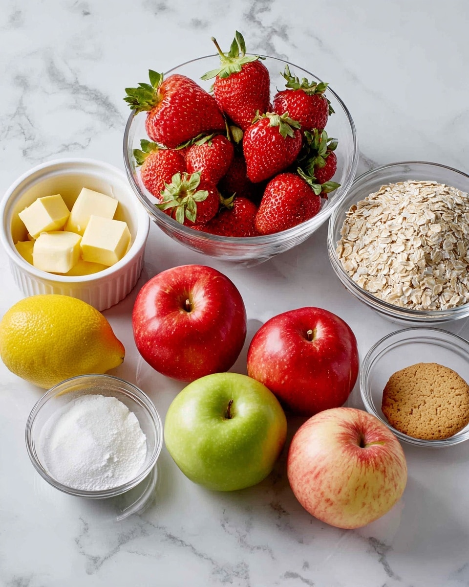 A group of fresh ingredients arranged on a white marbled surface, including a clear glass bowl filled with bright red strawberries with green leaves on top, three shiny red apples, one green apple, and one pinkish-yellow apple in front. To the left, there is a yellow lemon next to a small white ramekin with pale yellow chunks of butter. Several small clear glass bowls are scattered around containing light brown oats, white flour, white sugar, and a light brown round biscuit. The background is a white marbled surface. Photo taken with an iphone --ar 4:5 --v 7