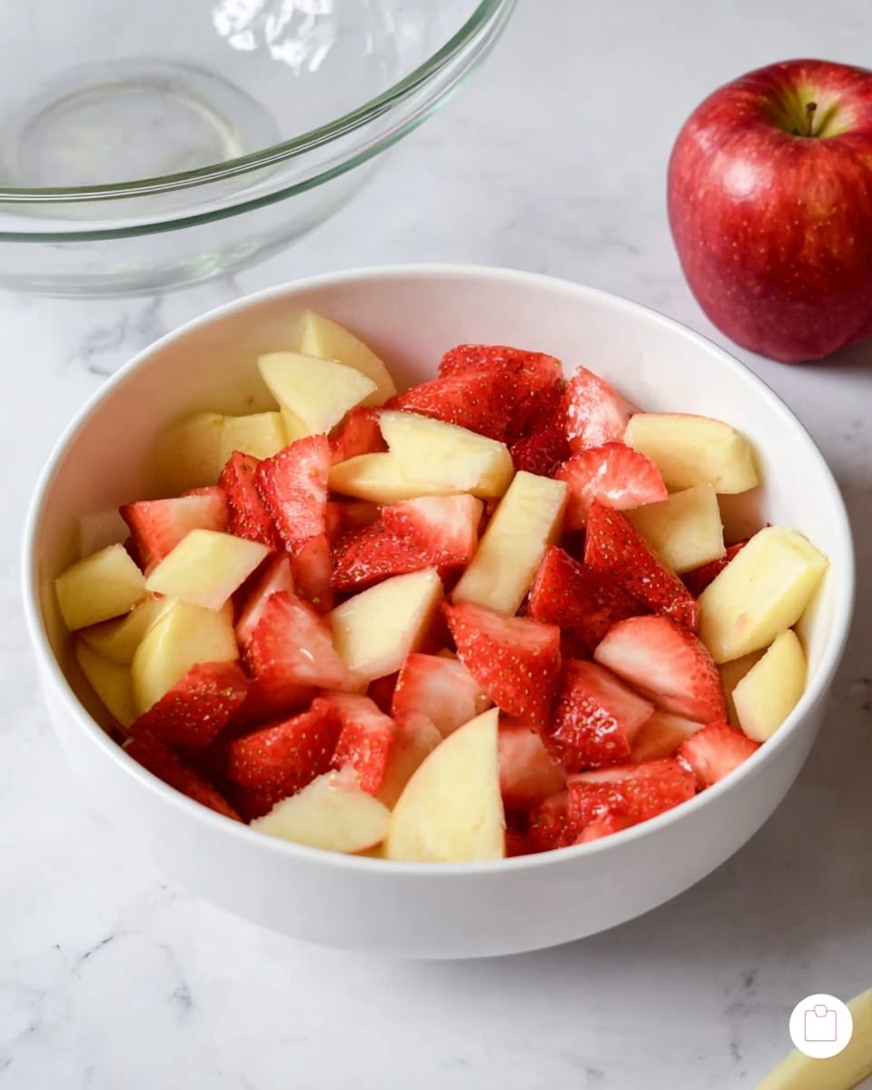 The image shows a white bowl filled with a fresh fruit mix on a white marbled surface. The bowl contains two layers of fruit: the bottom layer has light yellow slices of apple, and the top layer has bright red strawberry pieces. There is a whole red apple placed behind the bowl to the right and an empty glass bowl to the left in the background. The color of the fruits is bright and fresh, with the strawberries adding a splash of red against the paler apple slices. Photo taken with an iphone --ar 4:5 --v 7