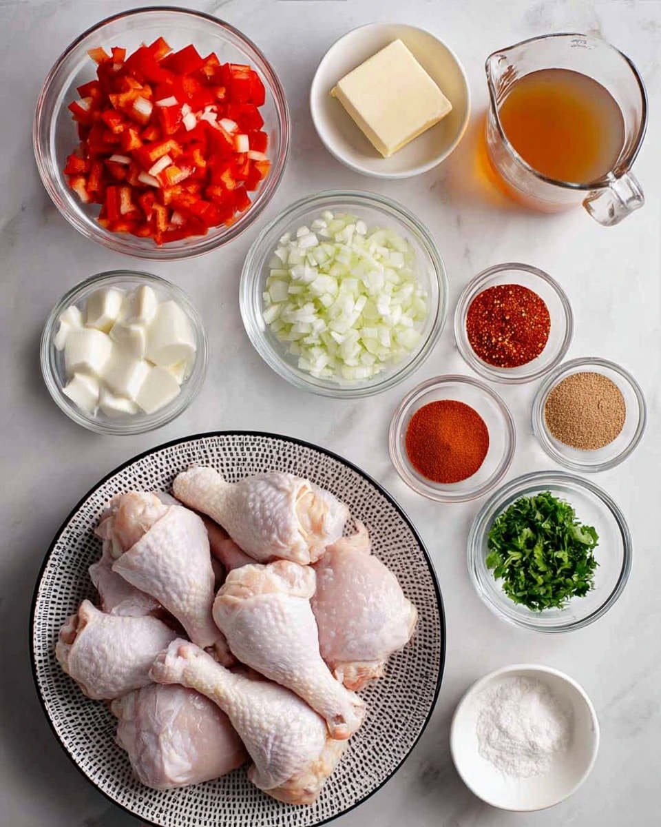 The image shows a top view of various cooking ingredients neatly arranged on a white marbled surface. At the center bottom, there is a white plate with black and white line patterns filled with raw chicken pieces, including thighs and drumsticks, pale pink in color with smooth texture. Surrounding the plate, there are small white bowls and clear glass bowls holding different ingredients: diced red bell peppers, chopped white onions, chopped fresh green herbs, minced garlic on a square white dish, a light brown liquid in a clear measuring jug, white flour in a small bowl, butter cubes, a dollop of creamy white sauce, and different shades of red spices in small bowls. The colors range from deep reds and greens to creamy whites and pale yellows, all arranged in an organized and clean setting. Photo taken with an iphone --ar 4:5 --v 7