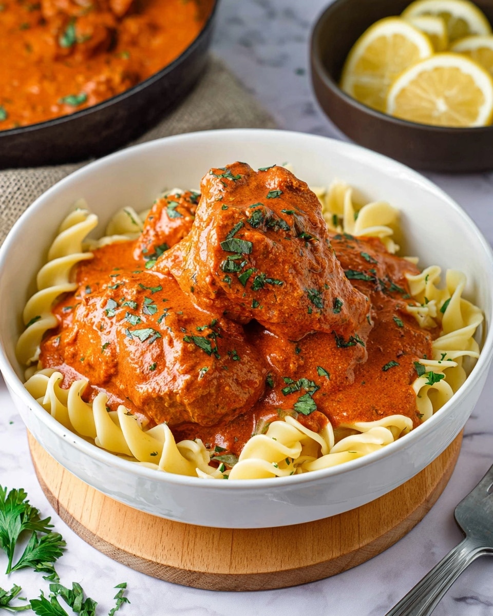The image shows a white bowl filled with two large pieces of meat covered in a thick orange-red sauce with small green herb pieces sprinkled on top. The meat sits on a bed of light yellow egg noodles, which have a soft, curly texture. The bowl is placed on a light wooden board, against a white marbled textured surface. In the background, there is a darker bowl with lemon wedges and some green herbs. A fork is partially visible on the bottom right of the image, and some green herb leaves are scattered on the surface near the bowl. Photo taken with an iphone --ar 4:5 --v 7