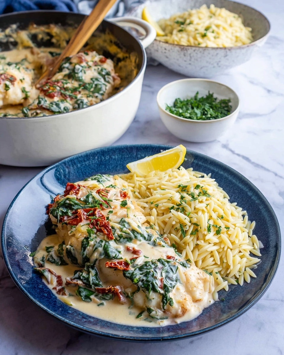 The image shows a dark blue plate filled with three main layers: on the left, a bed of light yellow orzo pasta; on the right, a large piece of creamy cooked fish topped with wilted dark green spinach and bits of red sun-dried tomatoes, all covered in a thick creamy light sauce with visible chunks of onion and herbs; a wedge of light yellow lemon sits at the front edge of the fish. Behind the plate is a white pot with the same creamy fish and spinach dish, with a wooden spoon resting inside. There is also a white bowl filled with more orzo pasta and a small white dish holding chopped green herbs, all placed on a white marbled surface. photo taken with an iphone --ar 4:5 --v 7