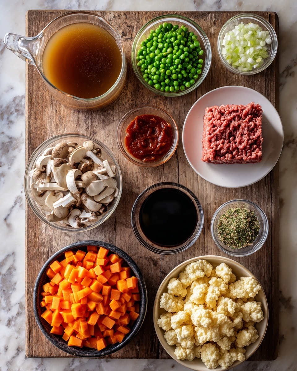 In this image, there are many small glass and white bowls placed on a wooden surface with a white marbled texture background. Starting from the top left, a clear glass measuring cup holds light brown broth. To its right, small piles of chopped green celery and minced garlic sit in clear glass bowls. Below them, in a small white bowl is tomato paste and next to it, a small glass bowl with dark liquid, possibly soy sauce. On the far right, a white plate holds a block of raw ground beef. Moving down, a small white bowl with mixed herbs or seasoning sits near a bigger clear bowl filled with chopped mushrooms, and below it, a similar bowl with diced white onions. Next to the onions is a small bowl of cubed orange carrots. To the left, a dark bowl contains green peas, and below that, a dark bowl holds many pale yellow puffed snacks. In the center, a small white bowl contains flour. The arrangement shows the ingredients needed to prepare a meal. Photo taken with an iphone --ar 4:5 --v 7