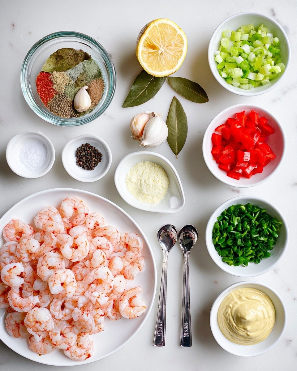 The image shows a white bowl at the bottom left filled with pale pink shrimp with red edges, giving a textured and fresh look. Above it, a white plate holds spices and seasonings: a small glass bowl with mixed spices and bay leaves, a lemon half, two garlic cloves, pink salt, black peppercorns, and a bay leaf. To the right of the plate are four small white bowls, from top to bottom: bright red diced bell peppers, light green diced celery, chopped green onions, and finely chopped dark green herbs. In the middle is a white spoon-shaped dish holding minced garlic. Near the bottom right are three measuring spoons with powder, creamy mayo, and mustard. Everything is set on a white marbled surface. photo taken with an iphone --ar 4:5 --v 7