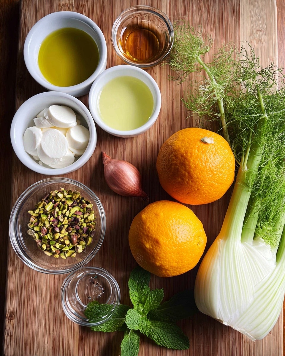 The image shows a wooden board with various fresh ingredients neatly arranged. On the right side, there is a whole fennel bulb with white and light green layers, topped with feathery green fronds. Near the center, two bright orange citrus fruits, an orange and a lemon, display their rough textured skins. A small shallot with shiny reddish-purple skin lays beside the citrus fruits. To the left, there are small white bowls and clear glass bowls filled with different items: one white bowl holds smooth, creamy white cheese round disks; another white bowl contains pale yellow olive oil; a small square white bowl contains crushed green pistachios; and clear glass bowls hold a reddish-brown syrup, a beige mustard, and water. Fresh green mint leaves lie near the bottom right. All items are placed on a wooden surface, with soft natural light highlighting the colors. Photo taken with an iphone --ar 4:5 --v 7
