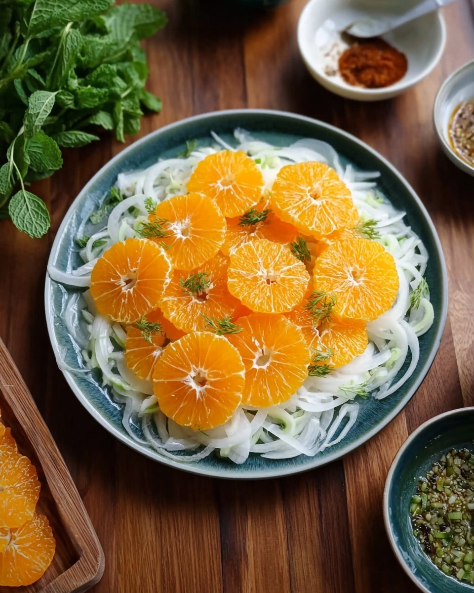 The image shows a white plate with two layers: the bottom layer is thinly sliced white onions spread evenly across the plate, and the top layer is bright orange round mandarin slices neatly arranged in a circle covering the onions. The plate is set on a wooden table with some fresh green herbs and small bowls containing sauce and spices nearby. Photo taken with an iphone --ar 4:5 --v 7