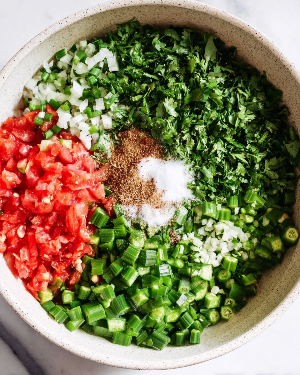 A white bowl holds a colorful mix of finely chopped ingredients arranged in visible sections. There is a layer of bright red chopped tomatoes on the left, surrounded by small pieces of white onion. Next to it, light green bell pepper pieces form a layer. Above this, there are two sections of small, green chopped vegetables, one slightly darker than the other. A pile of crude white chopped garlic sits near the top center, sprinkled with a mix of light brown spices and salt. The bottom right part is covered with a large layer of fresh, leafy, bright green herbs. The bowl sits on a white marbled surface. Photo taken with an iphone --ar 4:5 --v 7