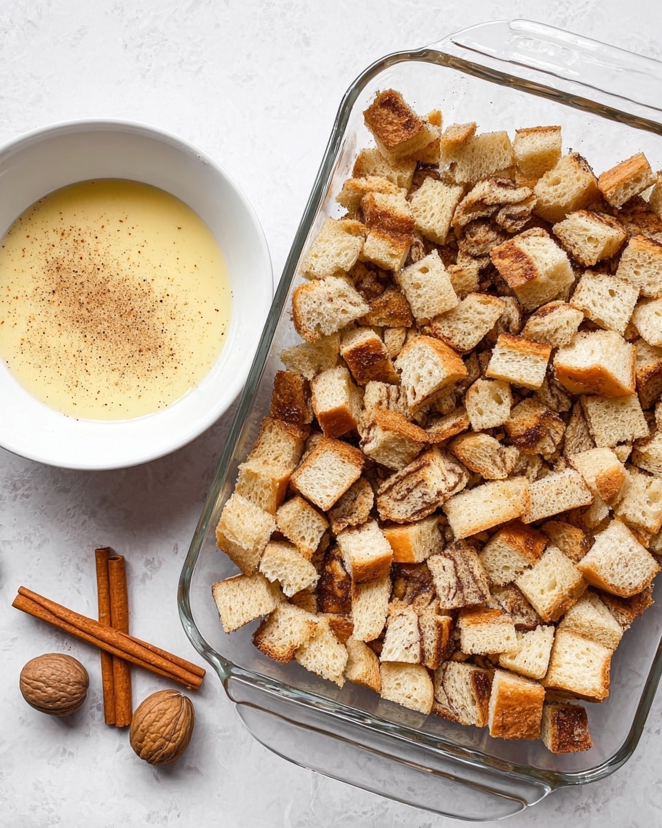The image shows a clear glass baking dish filled with many small, square pieces of cinnamon swirl bread arranged in a single thick layer. To the left, there is a white bowl with a creamy egg mixture topped lightly with ground spices, likely cinnamon or nutmeg. On the white marbled surface below, there are two cinnamon sticks and three whole nutmegs placed near the bowl. The overall scene looks clean and ready for mixing the ingredients. photo taken with an iphone --ar 4:5 --v 7