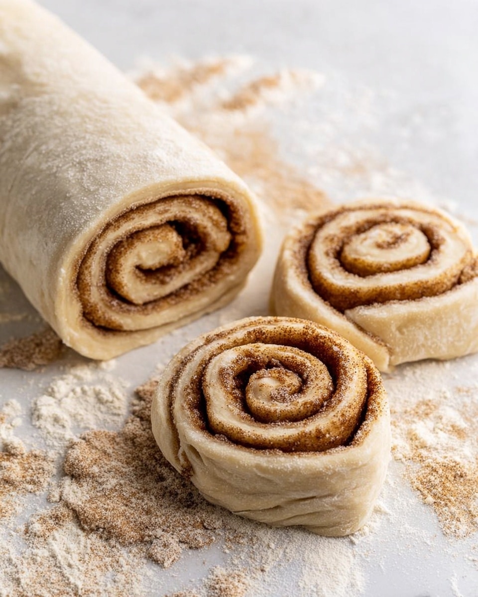 The image shows unbaked cinnamon rolls on a white marbled surface dusted with flour and brown sugar. There is one larger rolled dough log positioned at the top left with a light beige color and a visible swirl of brown cinnamon sugar inside. In front of the dough log, there are two smaller cinnamon rolls with multiple layers of soft dough and thick spirals of brown sugar and cinnamon. The texture looks soft and slightly rough from the flour and sugar on them. The scene is bright and clear, capturing the raw and fresh baked good ready to cook. photo taken with an iphone --ar 4:5 --v 7