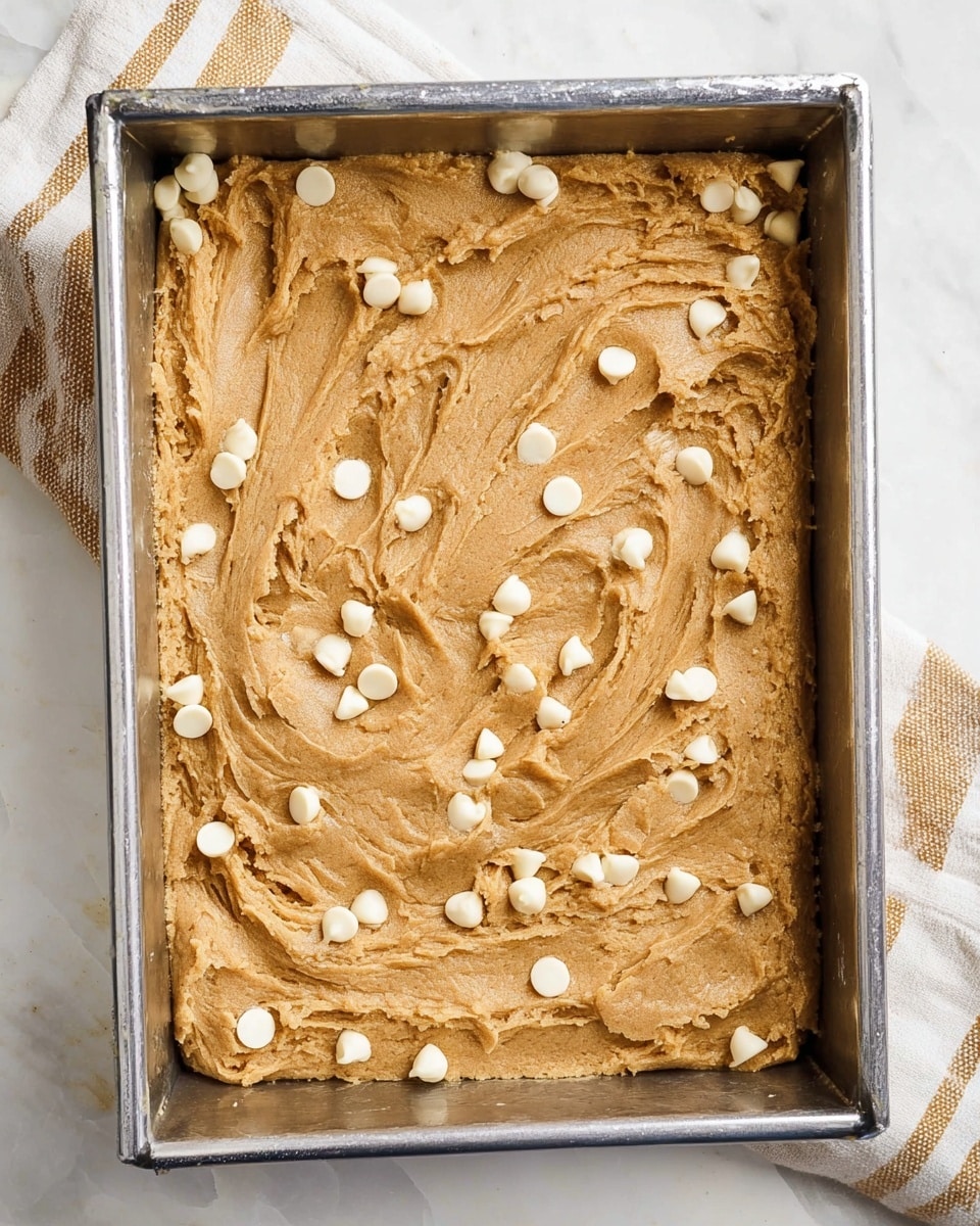 A rectangular metal baking pan filled with one thick layer of light brown cookie dough mixed with scattered white chocolate chips. The dough has a slightly rough, creamy texture with swirled patterns on the surface. The pan is placed on a white marbled surface with a beige and white striped cloth partially underneath. Photo taken with an iphone --ar 4:5 --v 7