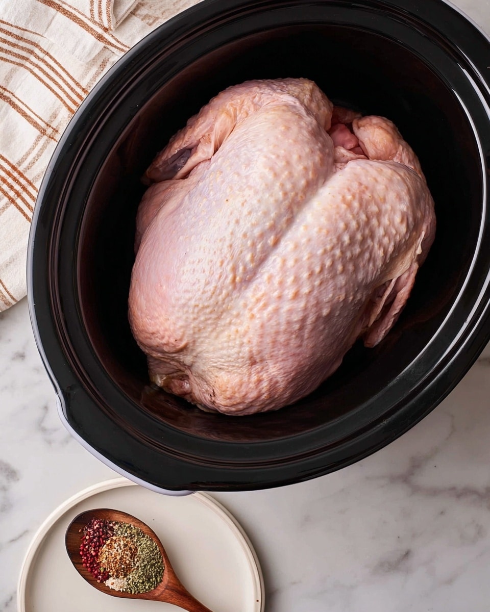 A whole raw turkey with pale pink skin and visible texture is placed inside a black oval slow cooker. The turkey fills most of the slow cooker’s space, showing a plump and rounded shape with folds and wrinkles on the skin. Below and to the right of the cooker, there is a white plate holding a mix of red, green, and brown spices in a wooden spoon on a white marbled surface. The upper left corner shows part of a white and brown striped cloth. Photo taken with an iphone --ar 4:5 --v 7