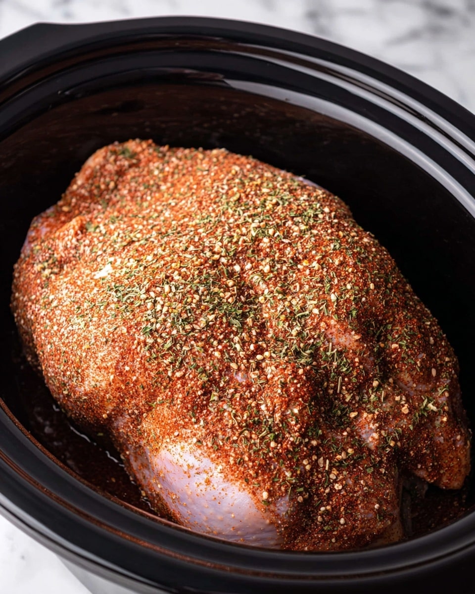 A raw whole chicken lies in a black slow cooker bowl, covered evenly with a thick layer of reddish-brown spices and green dried herbs. The spices create a textured coating, with small granules and flakes spread all over the chicken's skin. The bowl's glossy black surface contrasts with the chicken’s pale pink skin beneath the spice blend. The background features a white marbled surface, adding a clean and bright setting to the image. photo taken with an iphone --ar 4:5 --v 7
