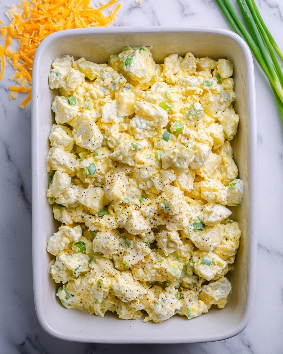This image shows a white rectangular dish filled with a creamy macaroni salad. The salad is made up of small macaroni pasta pieces coated in a thick, pale yellow creamy dressing, with tiny green bits, likely chopped green onions, scattered throughout. The creamy mixture looks slightly textured with specks of black pepper visible on the surface. The dish is placed on a white marbled surface with some shredded orange cheese at the top left and three green onions at the top right. Photo taken with an iphone --ar 4:5 --v 7