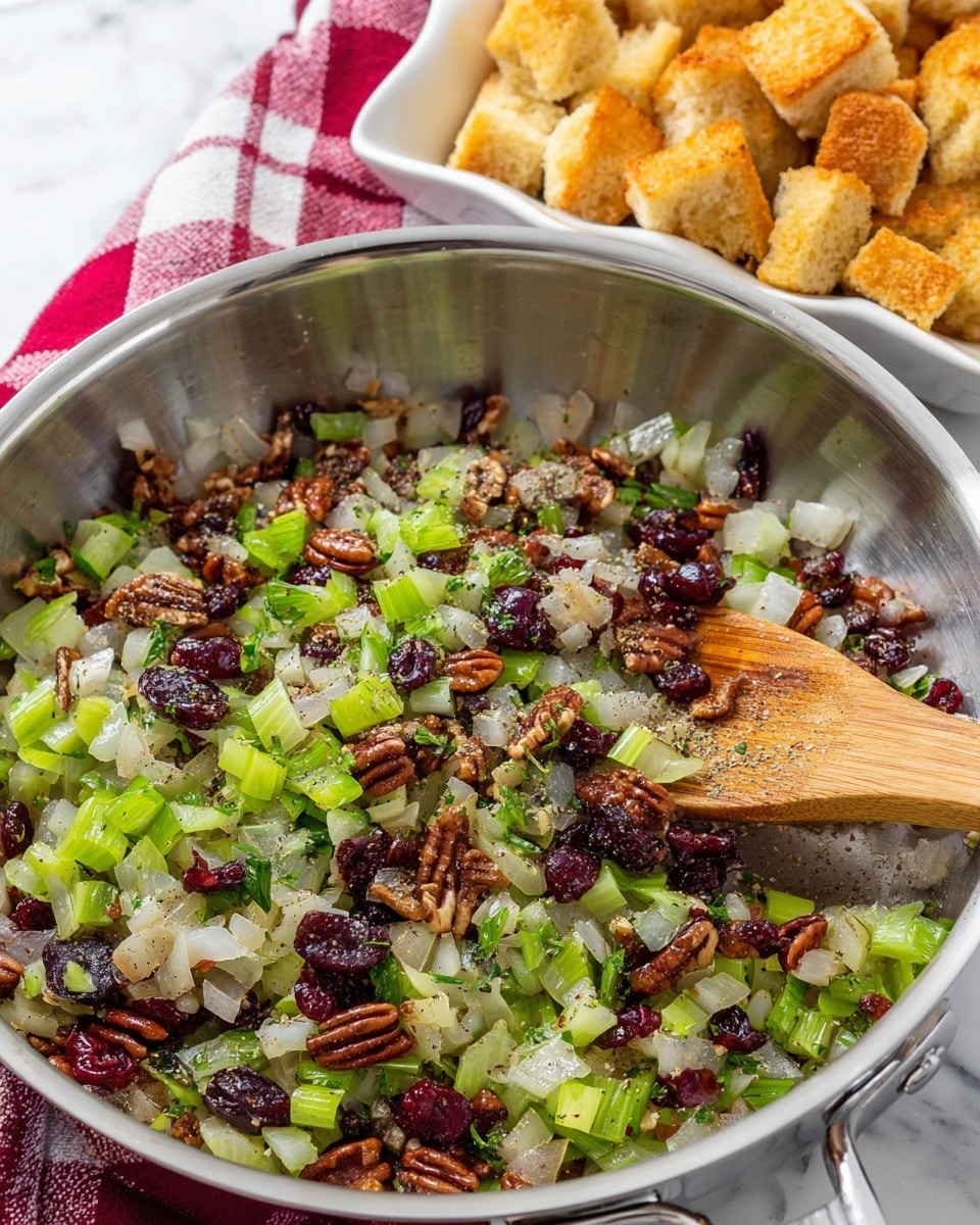 The image shows a shiny silver pan filled with a colorful mixture of chopped white onions, light green celery pieces, dark red dried cranberries, brown pecans, and bright green fresh herbs, all sprinkled lightly with black pepper and dried herbs. A wooden spoon is resting inside the pan, stirring the ingredients. In the background, there is a white dish filled with golden-brown cubed bread. The scene is set on a white marbled surface with a red and white checked cloth partially visible behind the pan. photo taken with an iphone --ar 4:5 --v 7