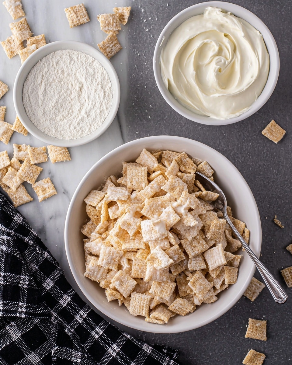 A white bowl is full of crunchy square cereal pieces that are lightly coated with a glossy white mixture, making them look sticky but dry. Next to it are two smaller white bowls, one with a fine white powder and the other with a creamy white spread that is smooth with some swirled texture and a small piece of cereal stuck on it. There is a silver spoon inside the big bowl, resting on the cereal. Some cereal pieces are scattered on a dark surface around the bowls, and a black and white checkered cloth lies near the bottom left corner. The whole scene is set on a white marbled textured surface. photo taken with an iphone --ar 4:5 --v 7