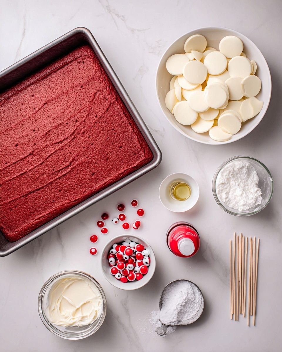 A rectangular red velvet cake layer with a textured surface sits in a metal baking pan on a white marbled surface. To the right, a white bowl filled with smooth, round white chocolate discs is placed next to a few scattered discs and a small bottle of red food coloring. Below these, a small white bowl holds red candy melts, with some loose pieces nearby. A small cup filled with large candy eyeballs is near the bottom center, close to a container of creamy white frosting and an open jar of coconut oil. A 1 tsp measuring spoon with a small heap of white powder rests on a small round dish, with a bundle of toothpicks lying horizontally at the bottom left. Photo taken with an iphone --ar 4:5 --v 7