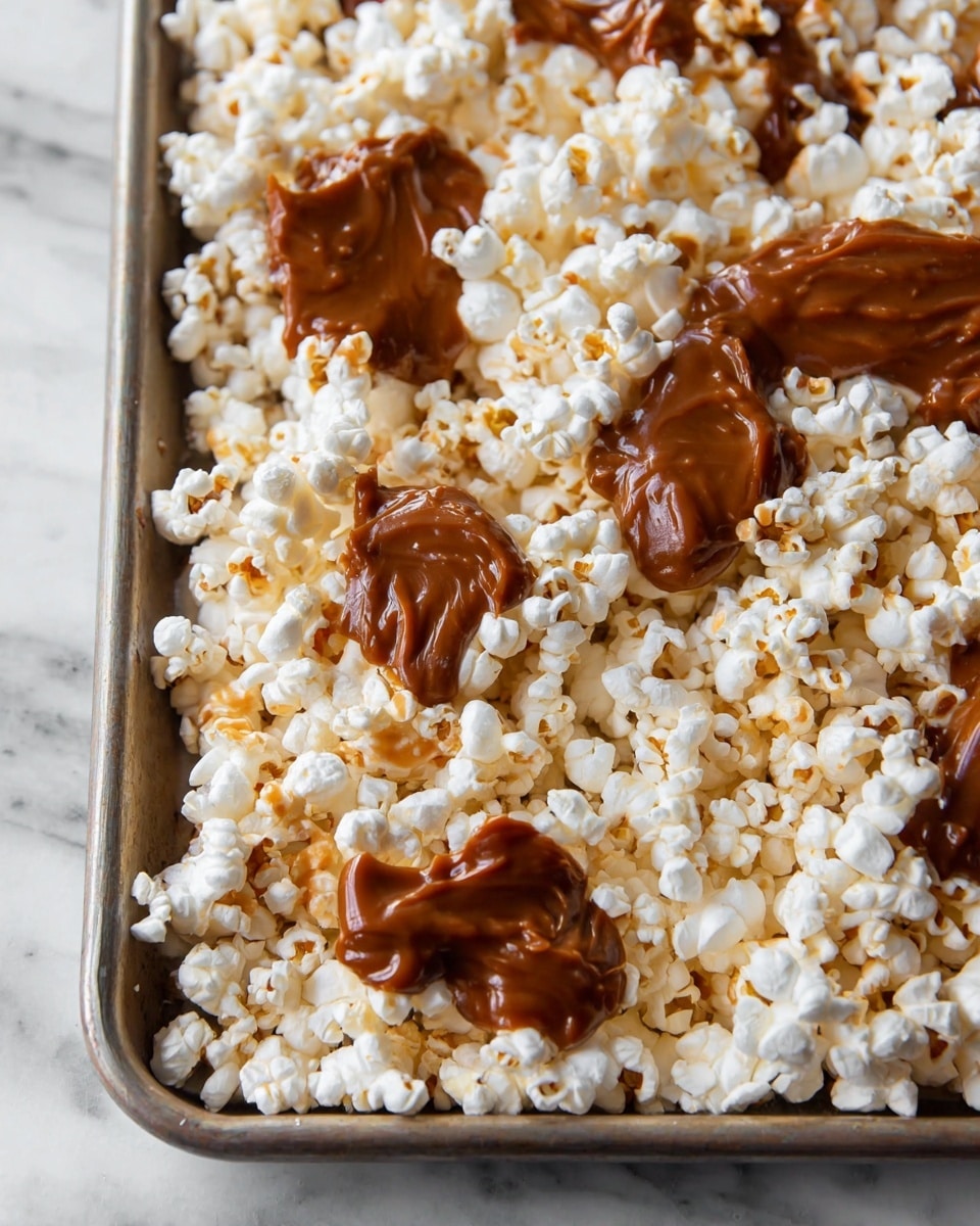 A close-up view of a large metal baking tray filled mostly with white popcorn, showing its light, fluffy texture with some golden hints. On top, there are several uneven dollops of thick, smooth caramel sauce in dark brown shades spread irregularly, creating a contrast with the white popcorn. The tray is placed on a white marbled surface, and the image is focused on the popcorn and caramel, showing their contrasting colors and textures. photo taken with an iphone --ar 4:5 --v 7