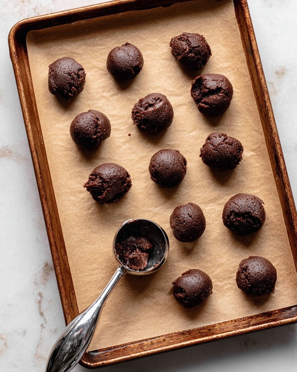 A baking tray lined with light brown parchment paper holds fourteen dark brown cookie dough balls arranged in rows across the surface. The dough balls have a rough texture with some cracks and uneven shapes, showing a soft and thick consistency. One cookie dough ball near the top right side is slightly broken, revealing more texture inside. A shiny silver ice cream scoop, resting on the parchment near the bottom, contains some of the dough with a small amount stuck inside. The tray is set on a white marbled surface. photo taken with an iphone --ar 4:5 --v 7