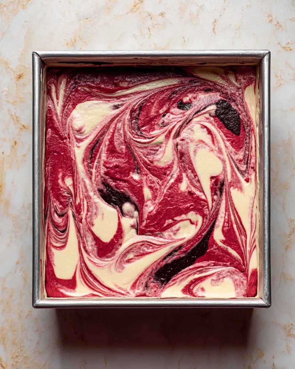 A square metal pan lined with paper holds a mixture of two main layers swirled together. The base layer is a deep red, almost magenta color, smooth and thick, covering the whole pan. Over this, an off-white cream layer is spread unevenly, creating curly, flowing swirl patterns blending with the red, making a marbled effect. Some parts show darker red or black streaks within the swirls, adding depth. The pan sits on a white marbled surface, showing light reflections on the metal edges. photo taken with an iphone --ar 4:5 --v 7