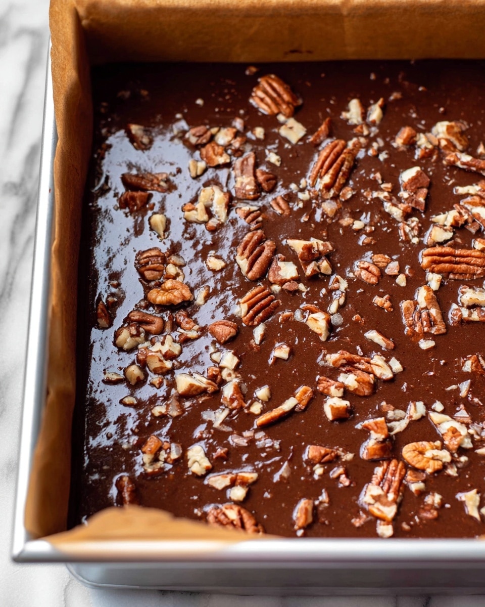 A close-up view of a single-layer dark chocolate batter in a silver baking pan lined with brown parchment paper. The top has unevenly scattered pieces of light brown pecans, some whole and some in small chunks, giving the surface a rough texture with a glossy finish. The pan is placed on a white marbled surface, photo taken with an iphone --ar 4:5 --v 7