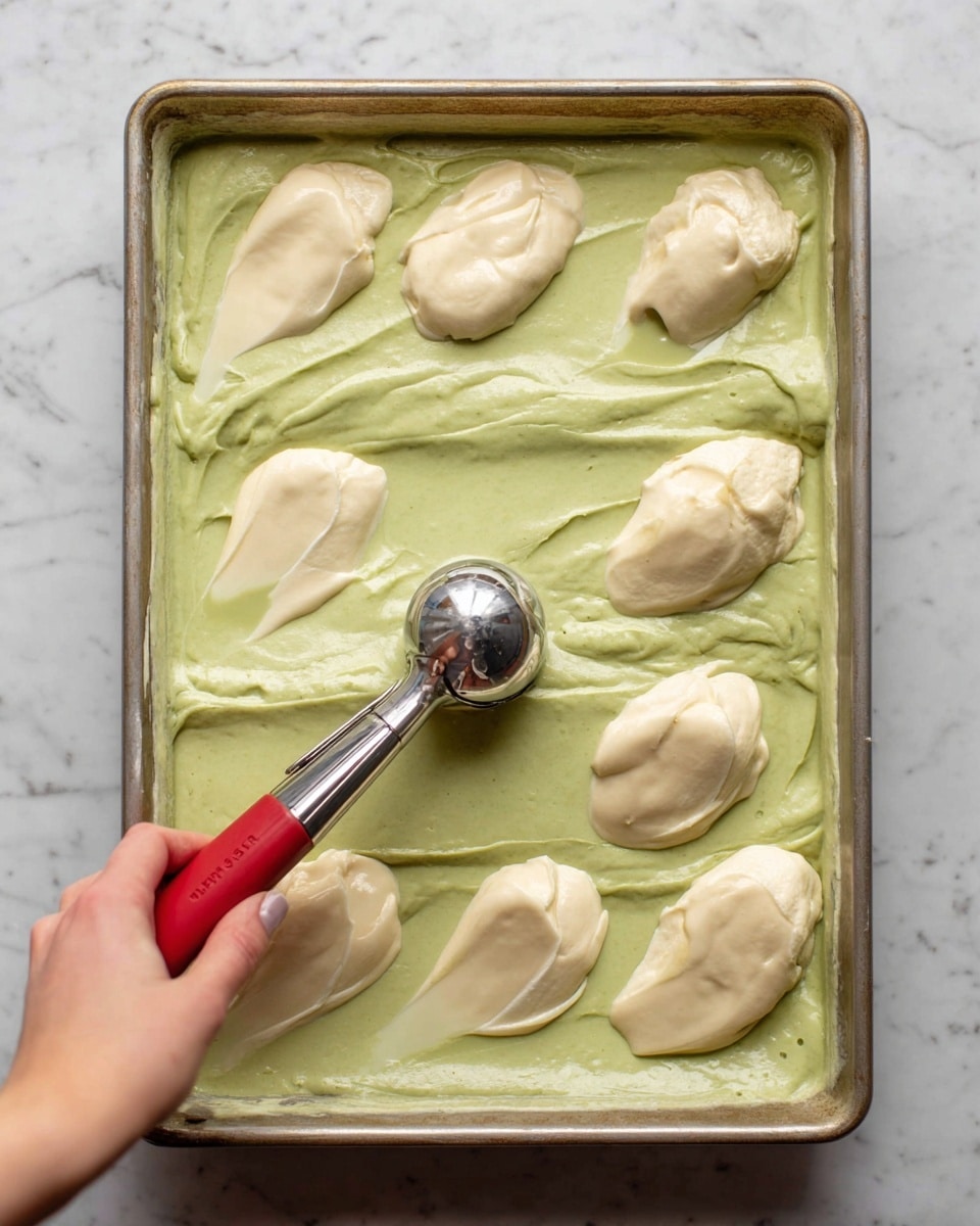 A baking tray filled with an even layer of smooth light green batter. On top of the green batter, there are several uneven dollops of thicker pale cream-colored batter spread across the surface. A woman's hand is holding a silver ice cream scoop with a red handle, hovering over one of the cream-colored dollops. The tray sits on a white marbled surface. photo taken with an iphone --ar 4:5 --v 7