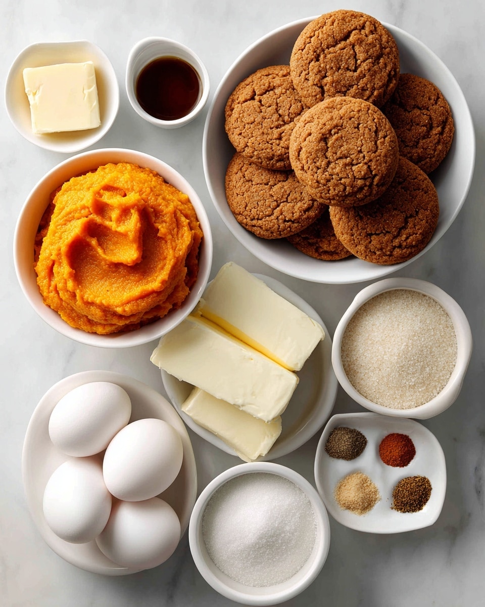 A top-down view of baking ingredients arranged neatly on a white marbled surface. At the top right, a white bowl holds several brown ginger snap cookies with a rough texture. Below it, a smaller white bowl contains bright orange pumpkin puree with a smooth, slightly thick surface. To the right of the pumpkin, a small white dish displays a variety of spices in small piles, colored light brown, beige, and dark brown. Next to these spices is a pack of silver-wrapped cream cheese with blue text. Below the pumpkin, there is a white bowl filled with white sugar granules that look fine and soft. Above the sugar, a small white bowl holds smooth, white sour cream. To the left, two white eggs with smooth shells rest on the marble surface. Above the eggs, a stick of pale yellow unsalted butter lies horizontally. At the top left, a small white cup contains a dark brown liquid labeled vanilla. The whole arrangement is clean and well-spaced, showing each ingredient clearly photo taken with an iphone --ar 4:5 --v 7