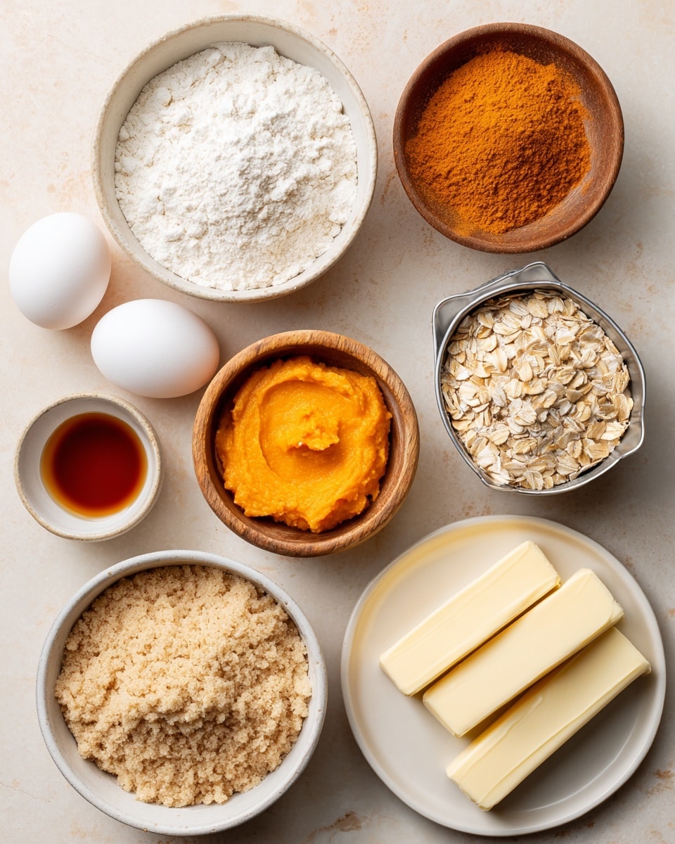 The image shows several ingredients arranged neatly on a white marbled surface. Two white eggs sit near the bottom left, next to a small white bowl of dark amber vanilla liquid. Above them, a small wooden bowl holds orange pumpkin pie spice powder. To the left, a round white bowl overflows with white flour. On the right side, a white bowl is filled with light brown rolled oats, and another white bowl holds crumbly golden-brown sugar. At the top right, a white plate has two sticks of pale yellow butter. Two open tins are placed at the top left: one filled with bright orange pumpkin puree and the other with creamy, pale yellow sweetened condensed milk. Each ingredient is labeled clearly with black text. photo taken with an iphone --ar 4:5 --v 7