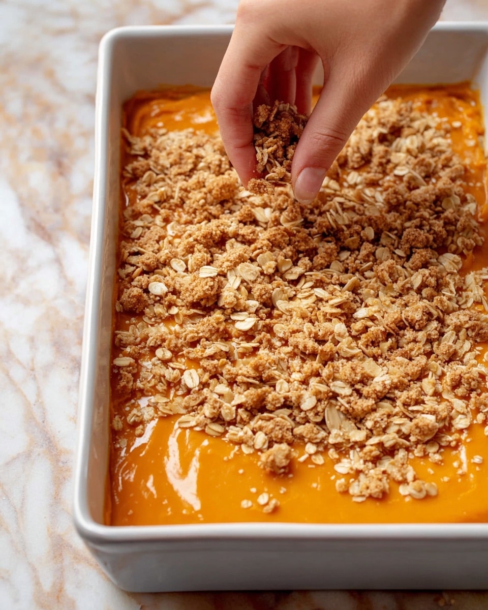 The image shows a close-up of a rectangular baking dish filled with two visible layers. The bottom layer is smooth and bright orange, likely a pumpkin or sweet potato base, evenly spread across the dish. On top of this orange base, a crumbly topping is being sprinkled by a woman's hand, consisting of golden-brown oats and small clumps of crumbly mixture that looks crunchy. The baking dish is white and set against a white marbled surface. The photo is taken with an iphone --ar 4:5 --v 7