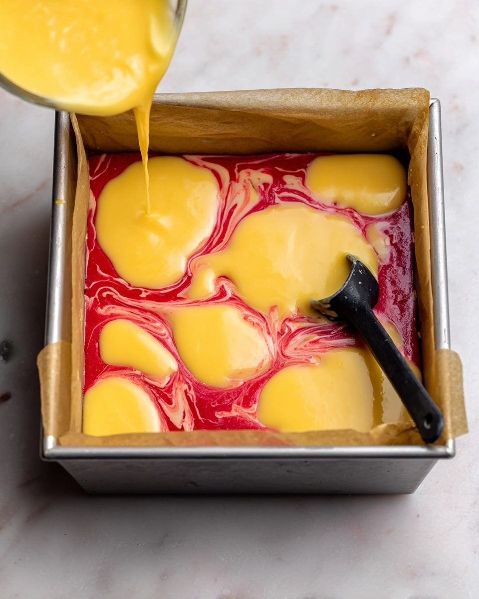 A square metal baking pan lined with brown parchment paper holds a layer of bright red batter spread evenly at the bottom, with several dollops of smooth, creamy yellow batter placed on top in a scattered pattern. A black scoop is seen pouring additional yellow batter over the red and yellow layers, creating a mixed, marbled look. The pan rests on a white marbled surface. photo taken with an iphone --ar 4:5 --v 7