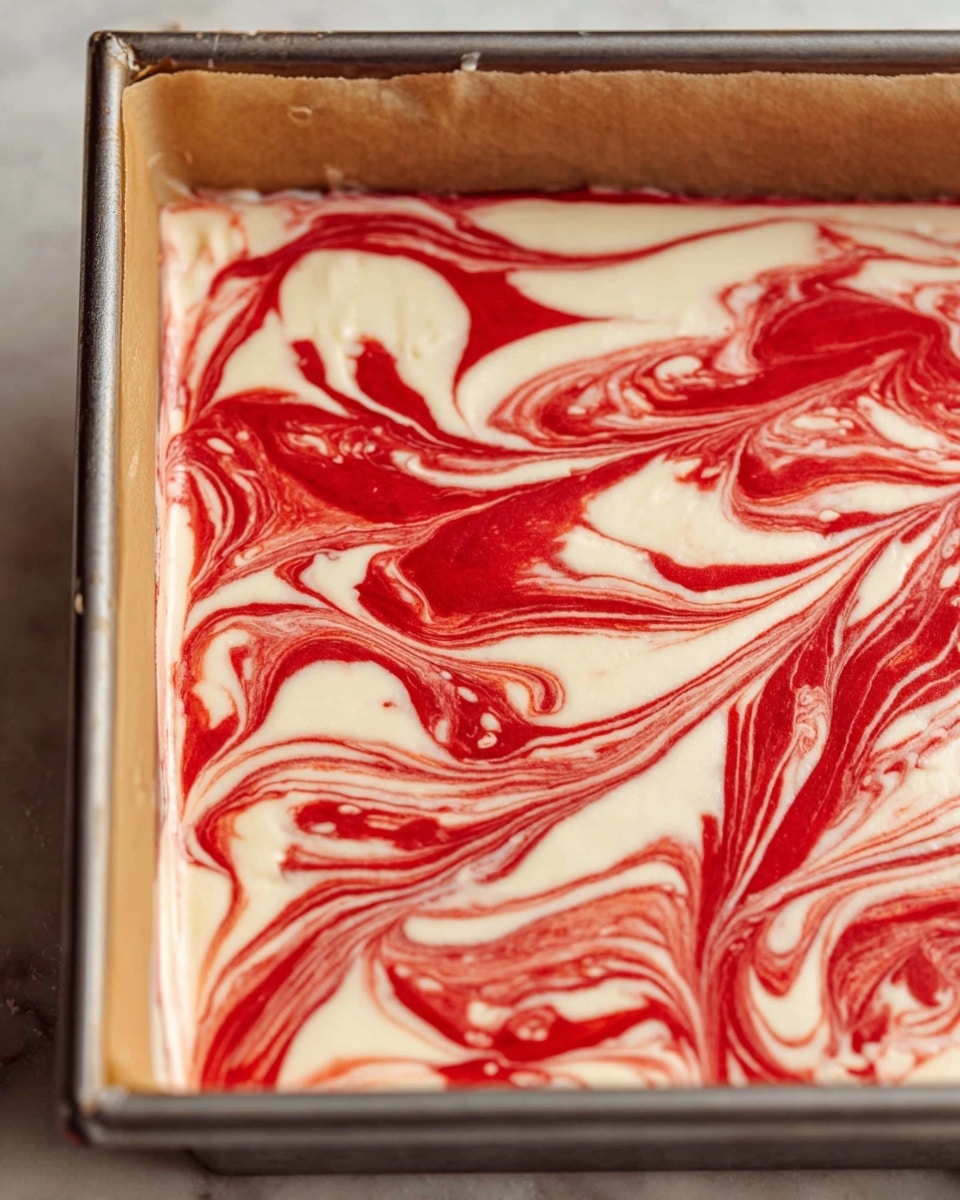 The image shows a close-up of a baking tray lined with light brown parchment paper, filled with a two-layered dessert mixture. The base layer is creamy white and smooth, spread evenly across the tray. On top, a bright red layer is swirled into the white, creating a rich marbled pattern with thick, flowing swirls and loops that blend both colors intricately. The metal edges of the tray frame the marbled surface, and the tray sits on a white marbled surface. Photo taken with an iphone --ar 4:5 --v 7
