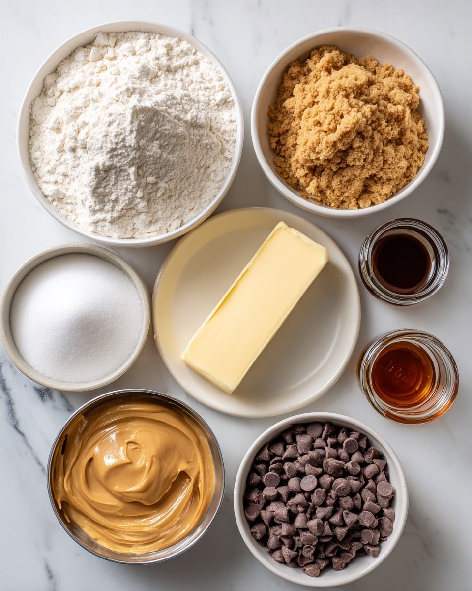 A top view of seven bowls and one small white plate arranged on a white marbled surface with baking ingredients. The largest white bowl at the top left is filled with a mound of white flour with a rough, powdery texture. Next to it on the right is a smaller white bowl full of light brown, crumbly brown sugar. Below that is a white bowl containing smooth-looking white granulated sugar. A white plate at the center holds a pale yellow, rectangular stick of butter. Beneath the flour bowl, a metal bowl contains creamy, light beige sweetened condensed milk with a shiny surface. To the bottom left, a white bowl holds smooth, light brown peanut butter with some spread marks. Right of the peanut butter, a small clear glass jar contains dark brown vanilla extract. Finally, to the right of the butter plate, a white bowl is filled with many small, dark brown mini chocolate chips that have a shiny, solid texture. photo taken with an iphone --ar 4:5 --v 7