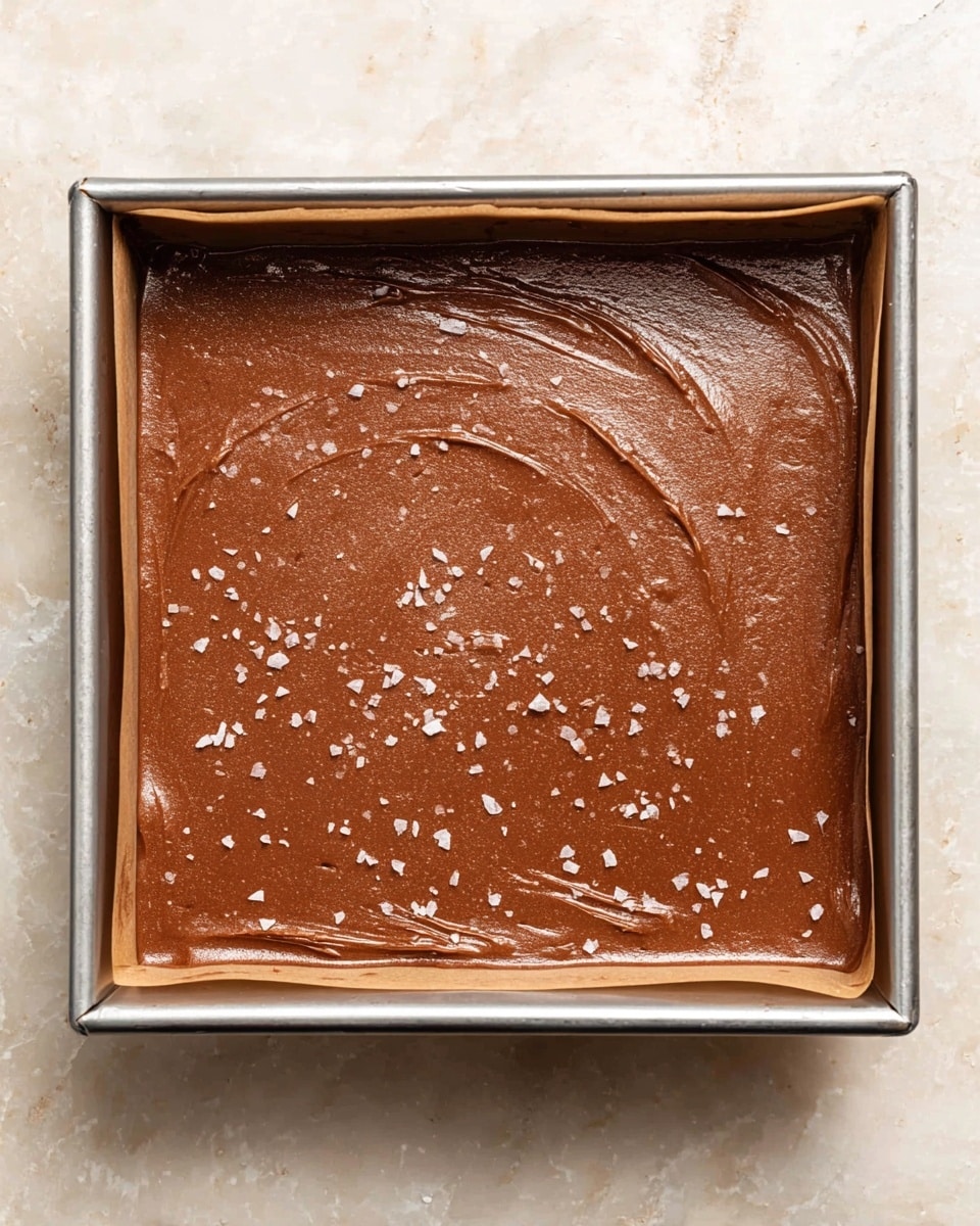 A square metal pan lined with parchment paper holds a smooth, thick layer of milk chocolate spread evenly to fill the pan. The chocolate layer is rich brown with a glossy texture and is sprinkled with small white flakes scattered across the surface, adding a contrast in color and texture. The pan is set on a white marbled surface, showing the shiny chocolate with slight swirls where it was spread. photo taken with an iphone --ar 4:5 --v 7