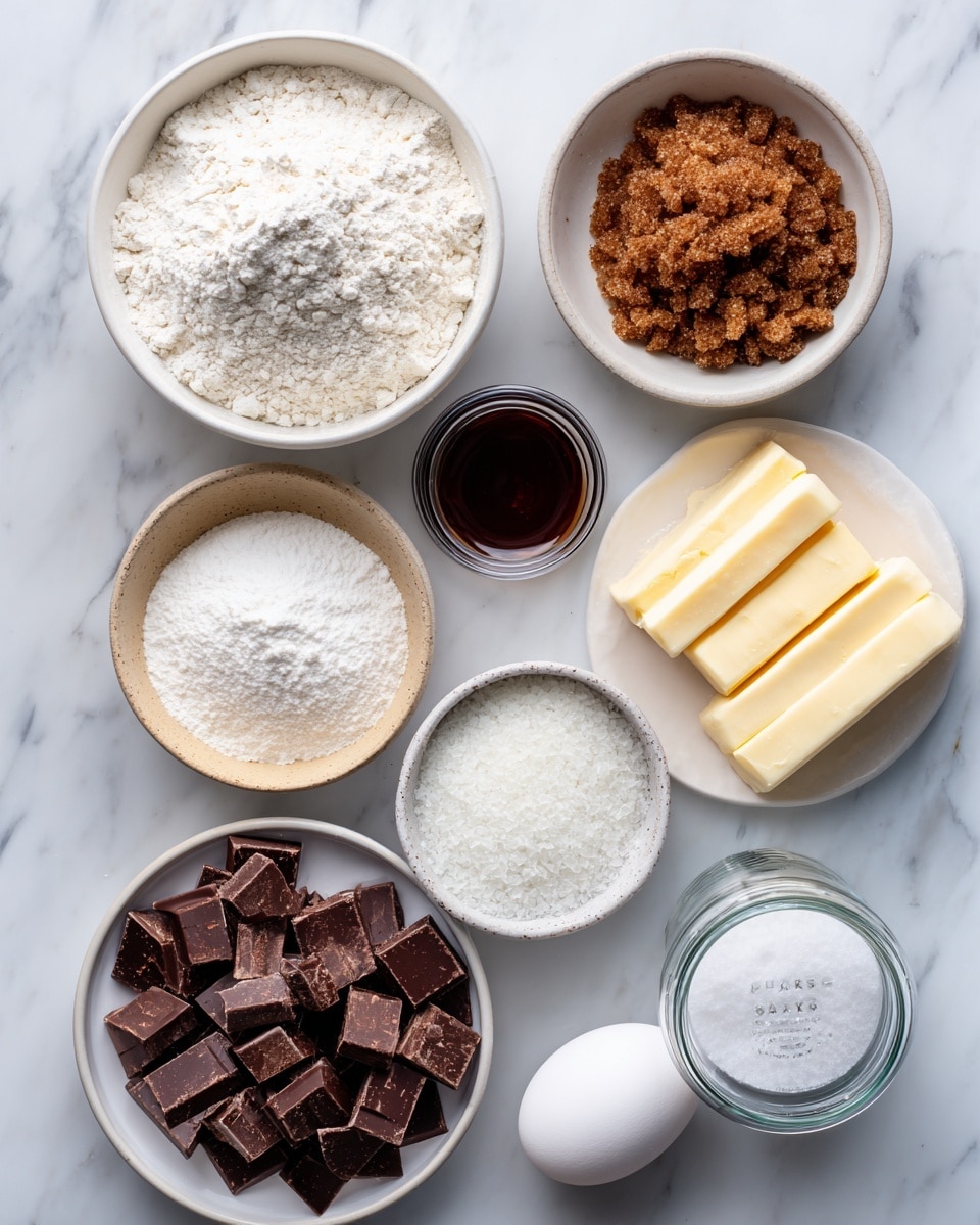 The image shows several bowls and a jar with baking ingredients placed on a white marbled surface. Starting from the top left, there is a white bowl filled with fine white flour. Next to it on the right is another white bowl containing two types of sugar: brown sugar, which is clumpy and dark tan, and white sugar that is granulated and bright white. Below the flour bowl is a small beige bowl holding white baking powder and another white powder. Centered near the middle is a small glass bowl with dark vanilla extract. Below the sugars is a white plate with two pale yellow sticks of butter. To the right of the butter is a clear jar labeled flaky sea salt with visible white salt flakes inside. At the bottom right corner near the salt is a pair of smooth, white eggs. At the bottom left, a larger white bowl holds a mix of chopped dark and milk chocolate pieces in two shades of brown alongside some chocolate chips. Photo taken with an iphone --ar 4:5 --v 7