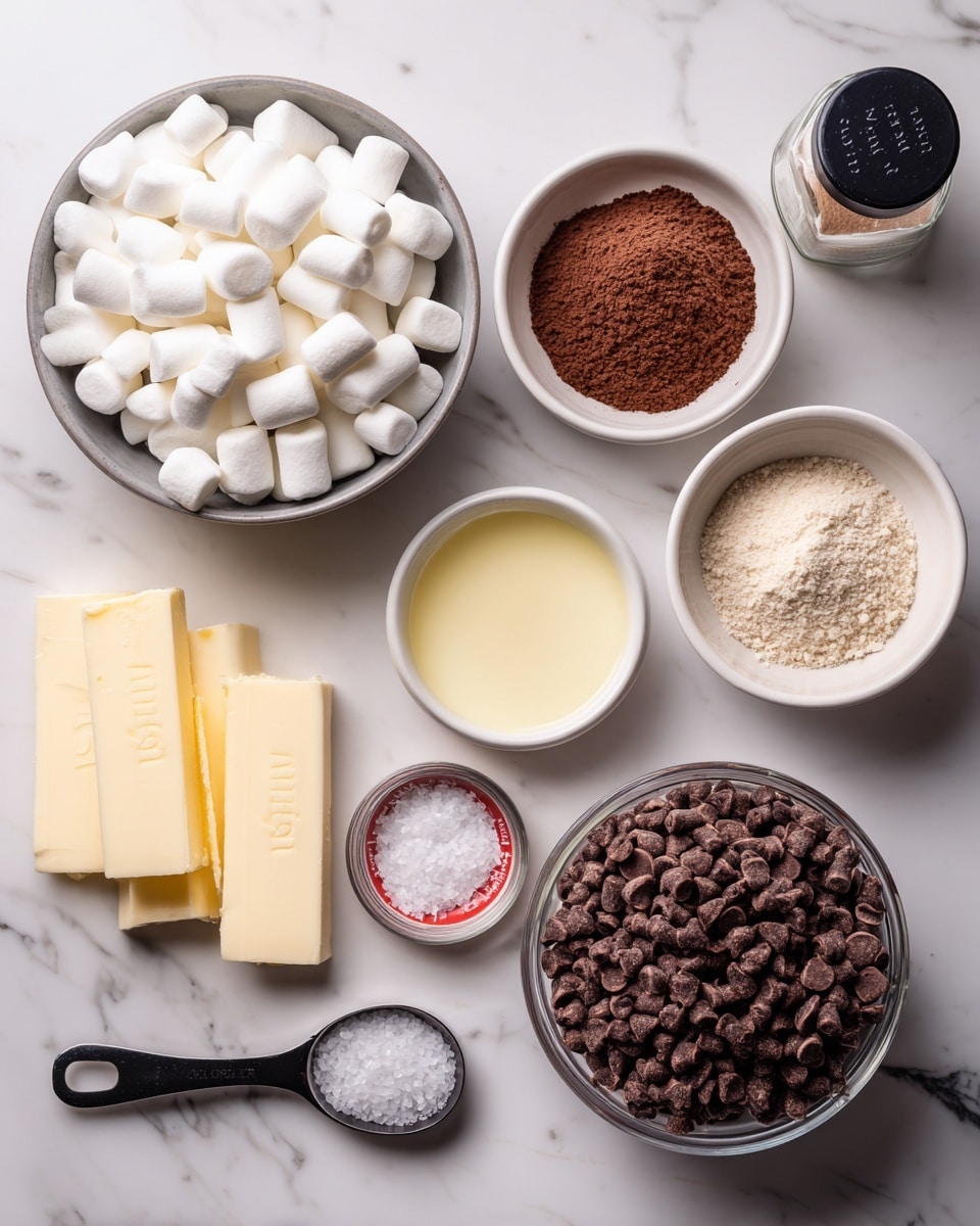 The image shows labeled ingredients arranged on a white marbled surface. There is a large gray bowl filled with white mini marshmallows placed at the top left. Next to it on the right are two small white bowls, one filled with dark brown cocoa powder and the other with light brown chocolate malted milk powder. Below the bowls, a small white bowl contains light yellow sweetened condensed milk. There is a glass jar of flaky sea salt with a black lid near the top right. On the bottom left, three light yellow sticks of butter rest on their red and white wrapper. A metal tablespoon of kosher salt lies in the center of the image. Near the bottom left corner is a small black measuring cup filled with dark brown chocolate chips. Finally, occupying the lower right side is a clear glass measuring cup filled with dark brown Cocoa Krispies cereal. photo taken with an iphone --ar 4:5 --v 7