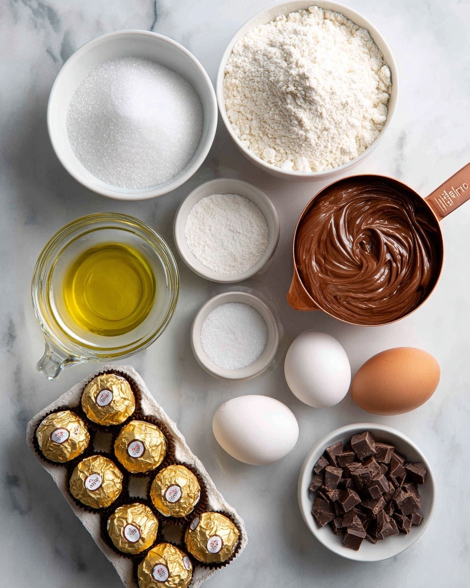 The image shows an overhead view of several ingredients arranged neatly on a white marbled surface. At the top left is a white bowl filled with granulated white sugar, next to it on the right is another white bowl full of white flour. In the center is a clear glass measuring cup with light yellow canola oil. To the right of the oil is a copper-colored measuring cup filled with smooth, swirled chocolate Nutella. Below the sugar is a small clear bowl of light powdered sugar, next to two white eggs on the right side. At the bottom left, there is a plastic tray of shiny gold-wrapped Ferrero Rocher chocolates. Nearby at the bottom center is a small white bowl with chopped dark brown chocolate pieces. A small round white bowl with dark brown cocoa powder is at the lower left. The whole setup is clean with soft natural light lighting the scene. Photo taken with an iphone --ar 4:5 --v 7