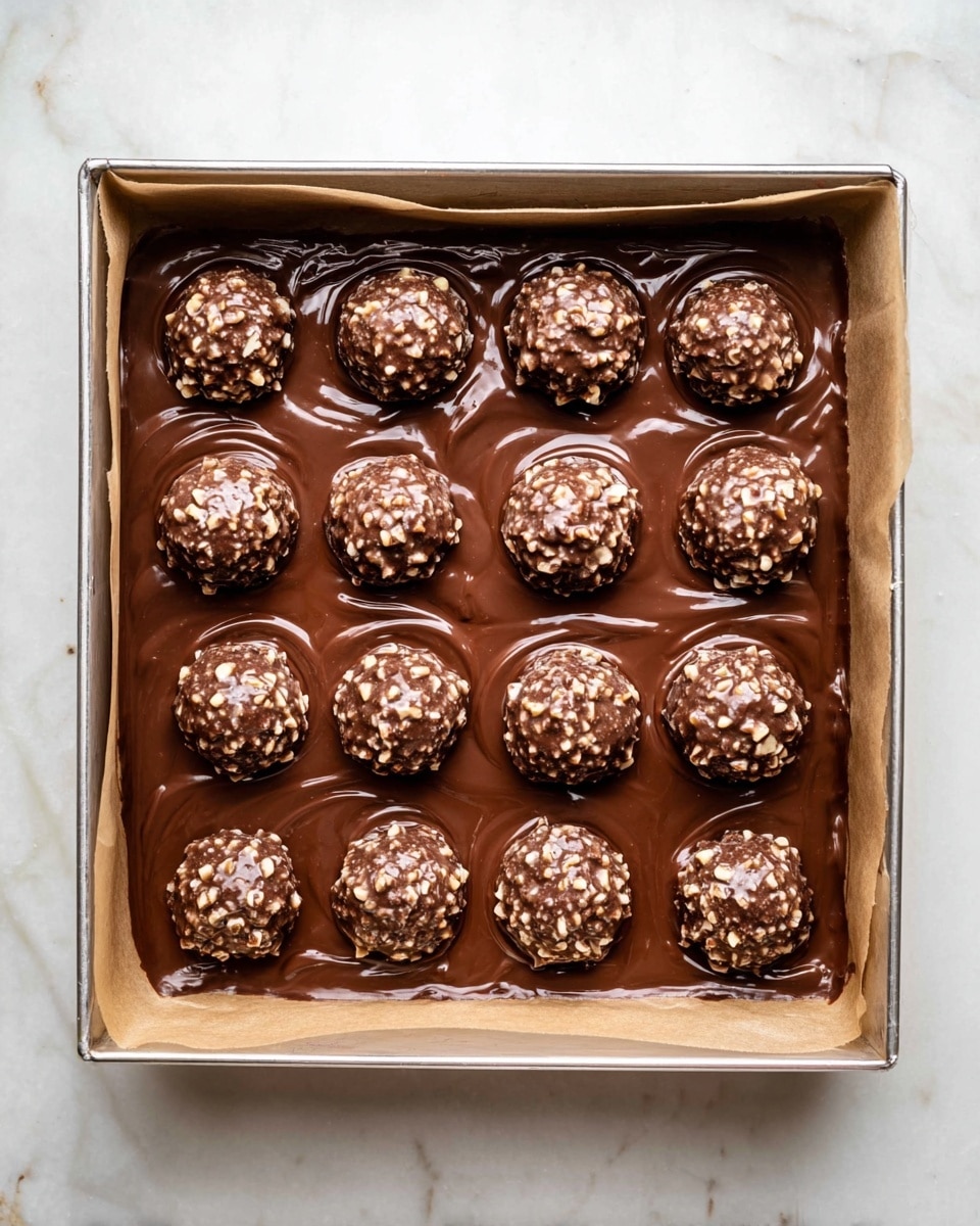 A square metal pan lined with brown parchment paper holds a layer of thick, smooth, shiny chocolate. On top, there are 16 round chocolate balls, arranged in a 4 by 4 grid. Each ball is covered with chocolate and small nut pieces, making their texture rough and bumpy. The chocolate layer surrounding the balls has a glossy, rich look with small waves and ripples. The pan sits on a white marbled surface. photo taken with an iphone --ar 4:5 --v 7
