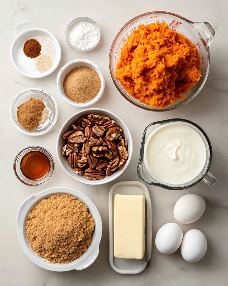 The image shows a white marbled surface with several ingredients neatly arranged. Starting from the top, a clear glass measuring cup holds bright orange mashed sweet potato with a rough texture. To the left, a small white bowl contains a mix of spices, showing a combination of white, brown, and light brown powders. Below that, a larger white bowl is filled with finely crushed graham crackers in a light tan color. Next to the graham crackers is a small white bowl with chopped pecans that are brown and uneven in texture. On the right side, there are two clear glass measuring cups; one with creamy white milk and the other with heavy whipping cream that is a slightly thicker white. Toward the bottom, there is a stick of pale yellow butter and three white eggs resting horizontally. Near the eggs, a small metal measuring cup holds brown sugar, and below that is a small white container filled with amber liquid vanilla extract. All items are placed cleanly with no overlapping, perfectly visible on the white marbled surface photo taken with an iphone --ar 4:5 --v 7