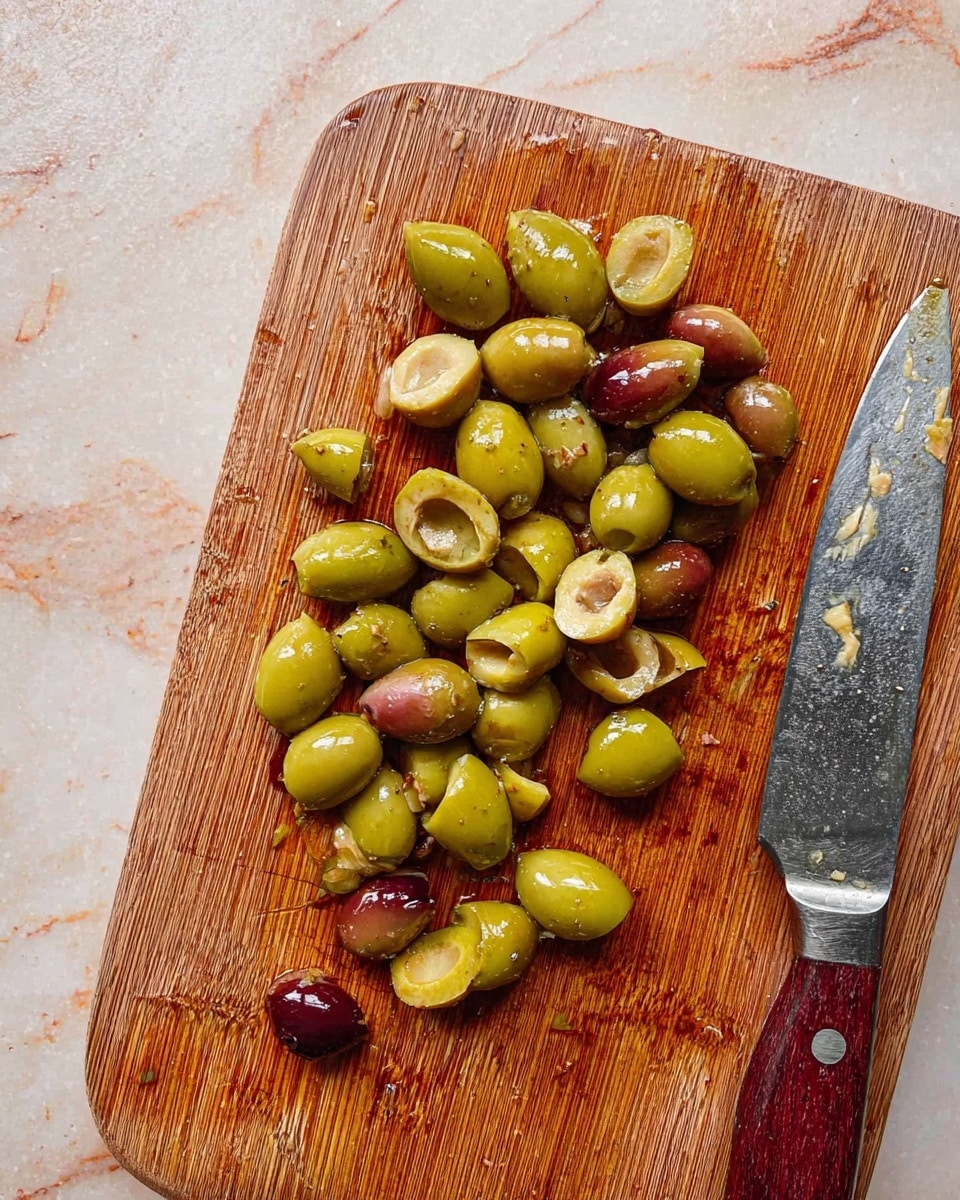 A close-up view of a wooden cutting board on a white marbled surface, filled with uneven pieces of green olives that are shiny and moist, with some darker purple olives mixed in. To the right side of the board, a sharp knife with a wooden handle and silver blade rests partially on the board. The cutting board shows many small cuts and marks from use. photo taken with an iphone --ar 4:5 --v 7