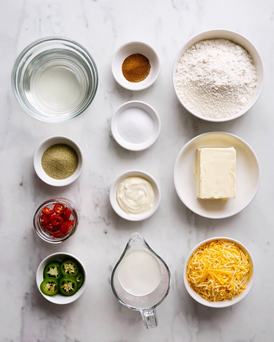 The image shows a top view of various baking ingredients arranged neatly on a white marbled surface. Starting from the left, there is a large clear glass bowl with water, followed by four small white bowls each containing white yeast, brown sugar, melted butter, and salt. On the right side, there is a large white bowl filled with flour, next to a smaller white bowl with baking powder. Below, there is a clear glass measuring jug filled with water. Along the bottom row, there is a small white bowl with sliced green jalapenos, a glass jar with red pickled peppers, a small white bowl with a creamy white sauce, a white bowl holding a rectangular block of cream cheese, and a white bowl filled with shredded cheddar cheese. The ingredients are all spread out with space in between, in a clean and organized arrangement. photo taken with an iphone --ar 4:5 --v 7