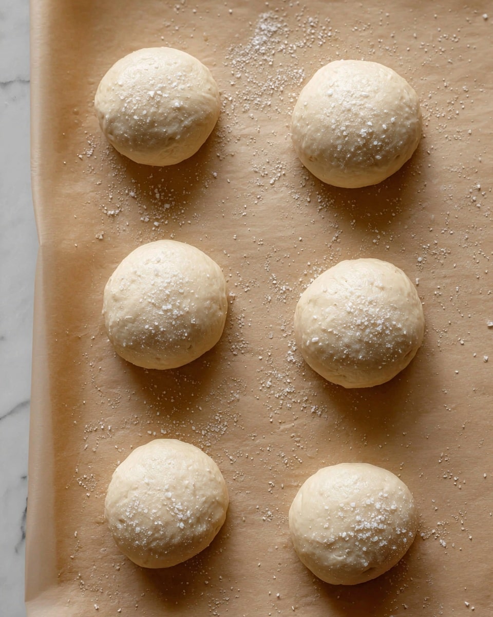The image shows five small round dough balls placed on a flat light brown parchment paper. Each dough ball is light cream in color, smooth, and slightly shiny with a few granules of coarse salt sprinkled on the top. The dough balls are evenly spaced in a loose grid pattern. The parchment paper has tiny droplets of moisture scattered across the surface, adding texture. The background under the parchment paper is a white marbled texture. photo taken with an iphone --ar 4:5 --v 7