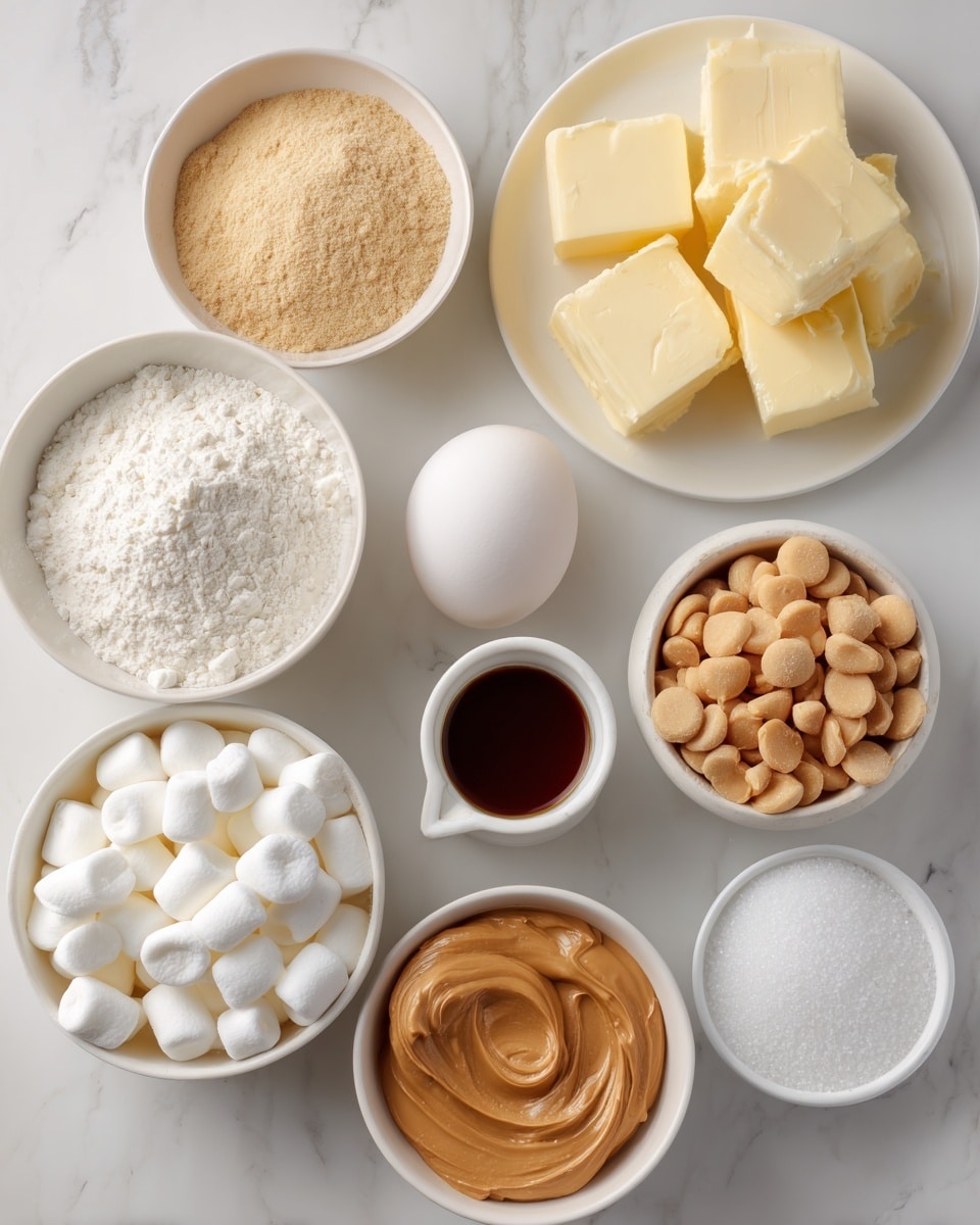 The image shows several white bowls and plates with different baking ingredients arranged on a white marbled surface. In the top right, there is a white plate with several chunks of pale yellow butter. To the left, a small white bowl holds a light brown powder labeled baking soda. Below it, a white bowl is filled with white flour. A small cup with dark vanilla liquid sits next to a white egg in the center. To the right of the egg is a small bowl of smooth, light brown peanut butter, and below that is another white bowl filled with peanut butter chips that are a golden tan color. At the bottom left, a white bowl contains many white marshmallows, and next to the marshmallows is another white bowl holding two types of sugar: white granulated sugar and light brown sugar. Photo taken with an iphone --ar 4:5 --v 7