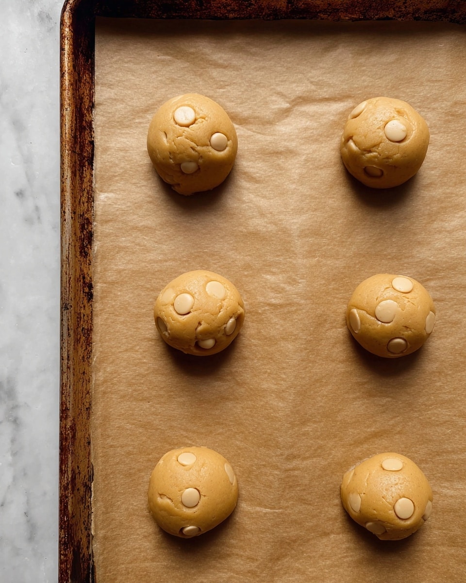 The image shows six round cookie dough balls placed on a sheet of light brown parchment paper covering a baking tray. Each dough ball is tan in color and has light tan circular chips embedded on the top and sides. The dough balls are spaced apart evenly in two rows, with three dough balls in each row. The overall texture of the dough looks smooth and soft. The baking tray has a rustic, worn metal edge visible around the parchment paper. The photo is taken from above on a white marbled surface. photo taken with an iphone --ar 4:5 --v 7