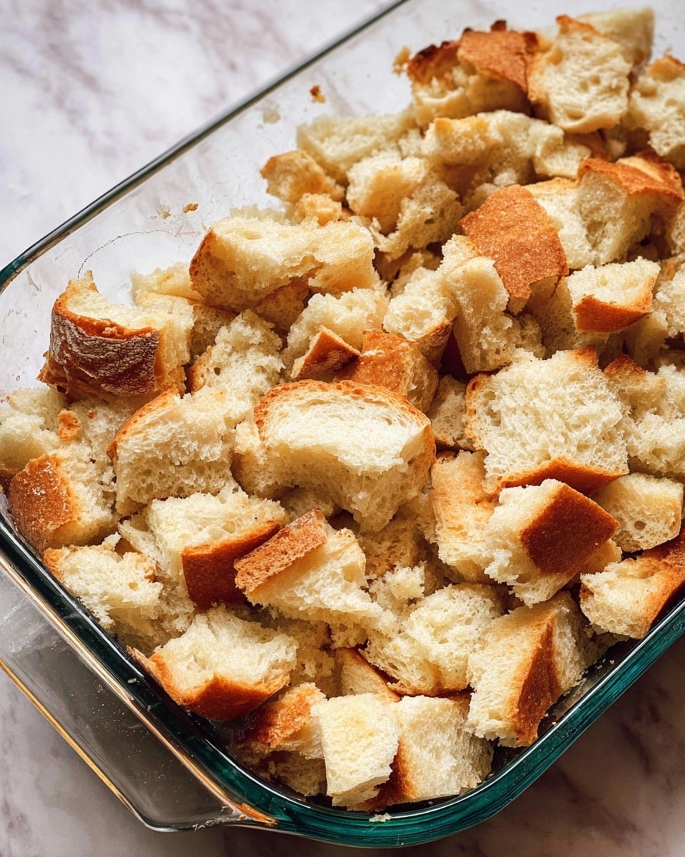A close-up view of a glass baking dish filled with torn pieces of soft white bread layered unevenly. The bread pieces show a mix of light brown crust and fluffy white interior, covering the entire dish surface. The texture looks airy and rough with some crumb bits scattered around the edges. The dish is placed on a white marbled surface. photo taken with an iphone --ar 4:5 --v 7